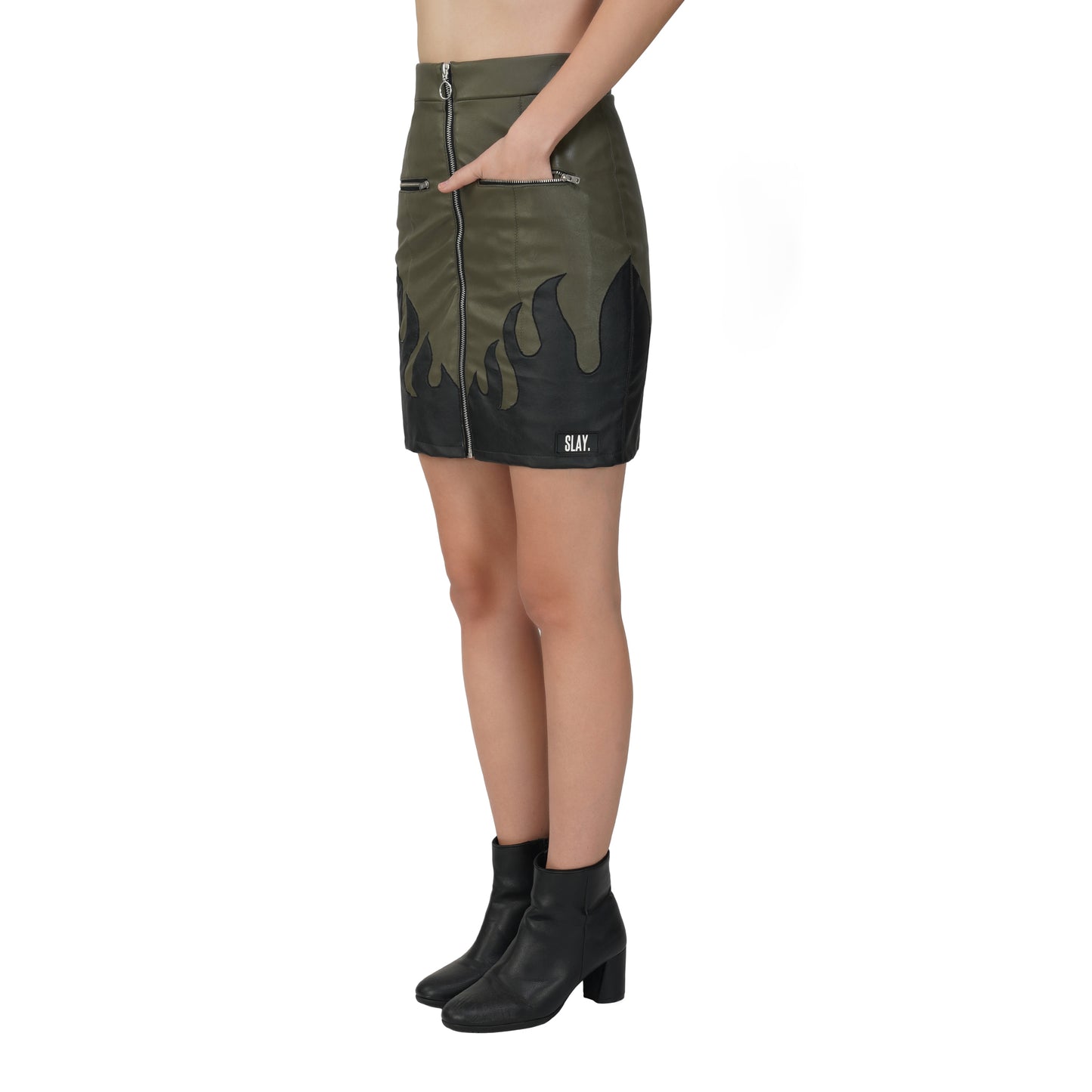 SLAY. Faux Leather Flames Jacket & Skirt Co-ord Set Olive & Black