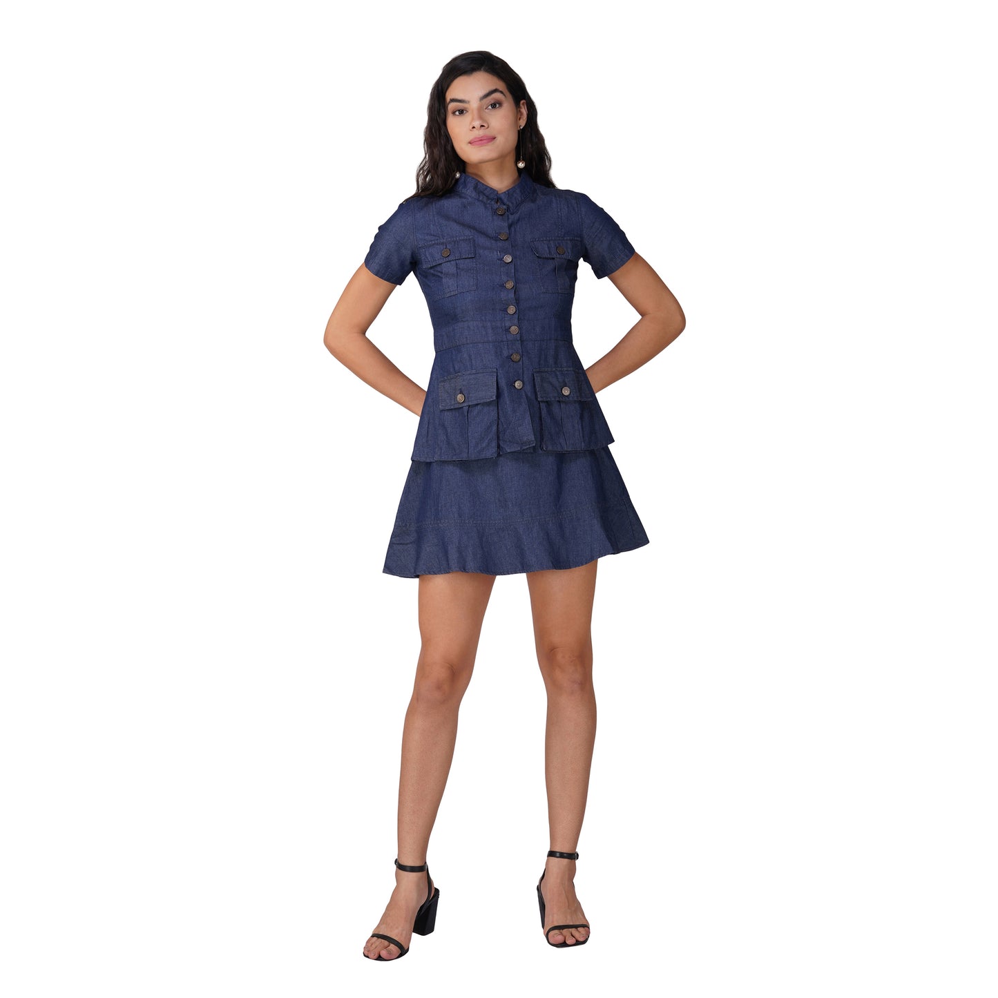 SLAY. Women's Denim Half Sleeves Button Up Top & Skirt Co-ord Set