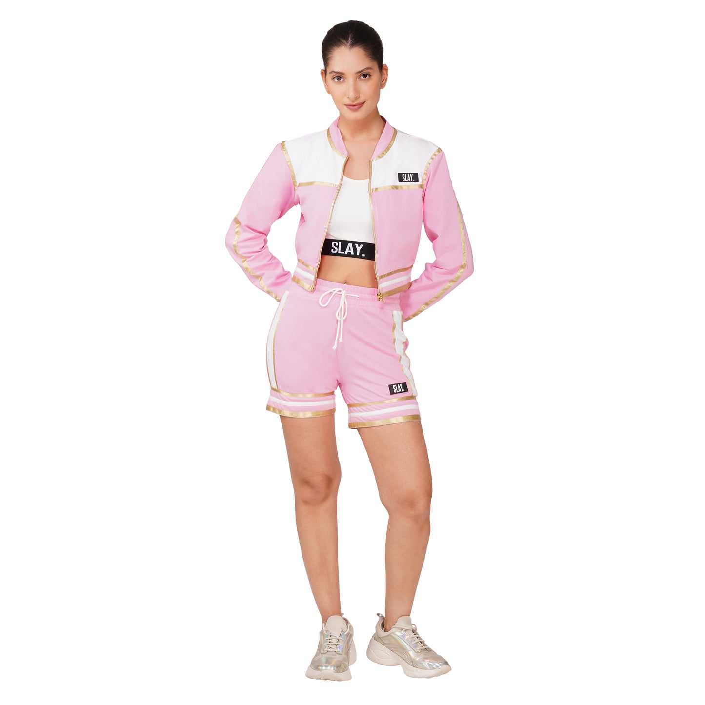 SLAY. Women's Pink Power Play 3-Piece Co-ord Set – Jacket + Crop Top + Shorts or Pants | Made to Order