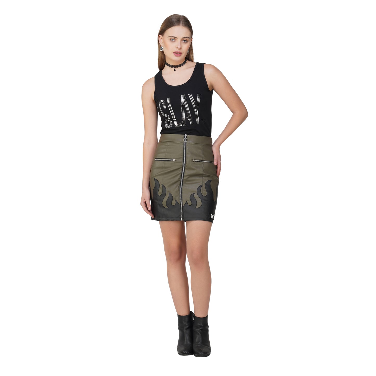 SLAY. Faux Leather Flames Jacket & Skirt Co-ord Set Olive & Black