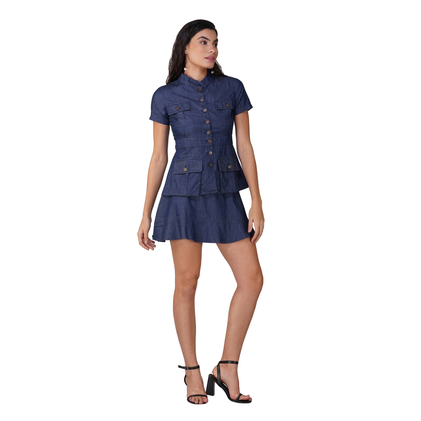 SLAY. Women's Denim Half Sleeves Button Up Top & Skirt Co-ord Set