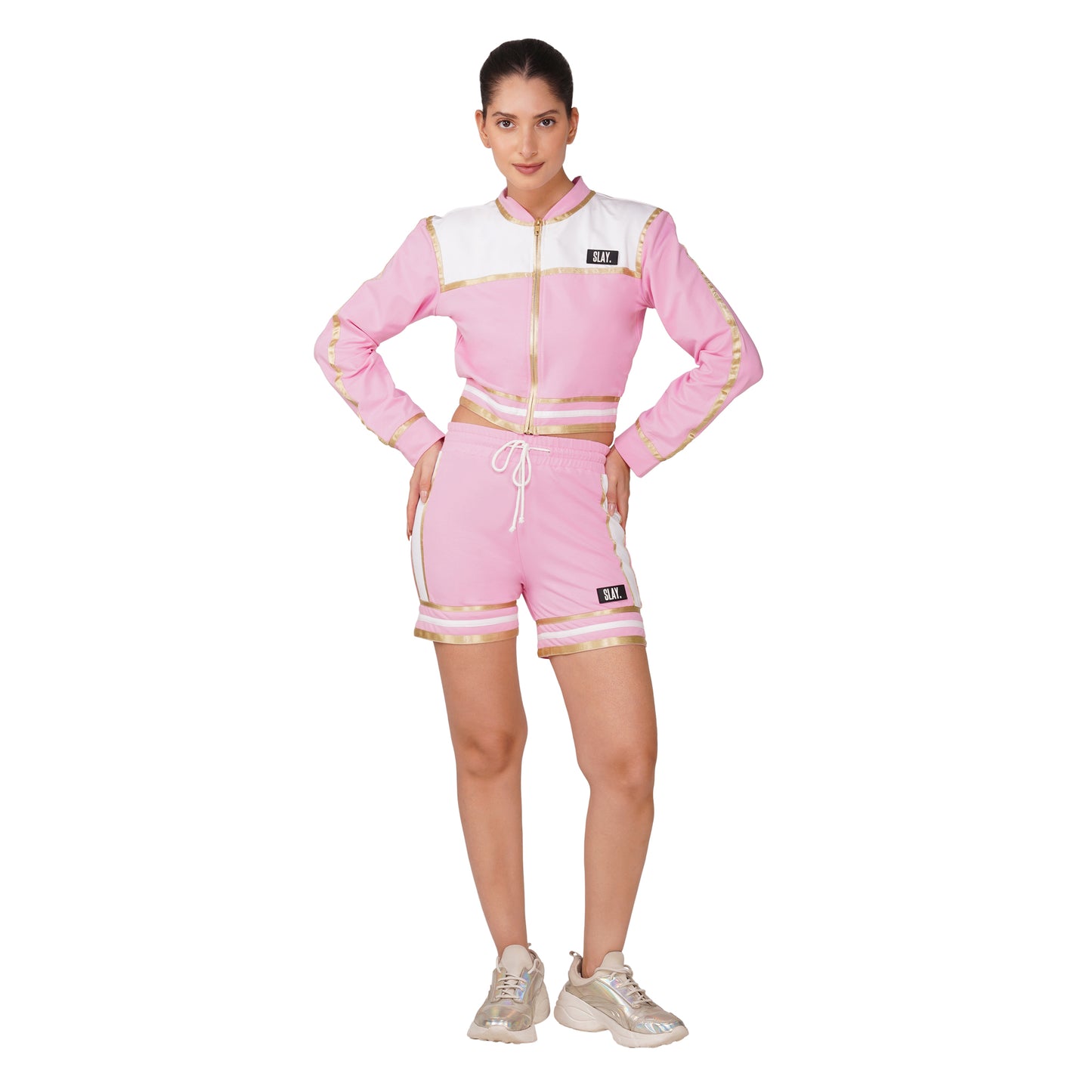 SLAY. Women's Pink Power Play 3-Piece Co-ord Set – Jacket + Crop Top + Shorts or Pants | Made to Order