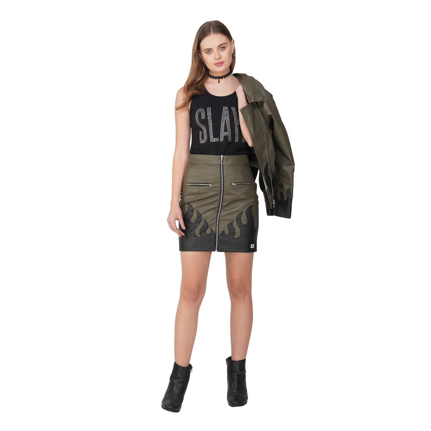 SLAY. Faux Leather Flames Jacket Olive & Black