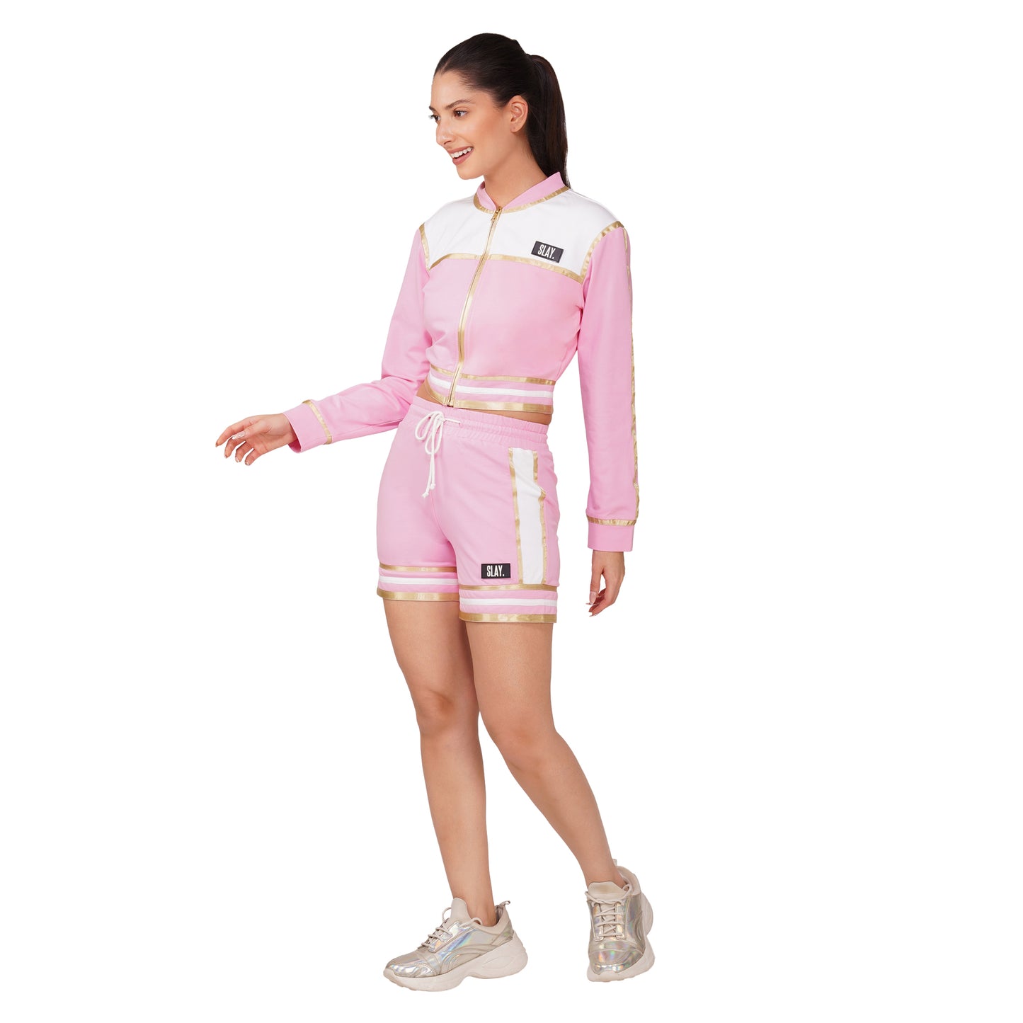 SLAY. Women's Pink Power Play 3-Piece Co-ord Set – Jacket + Crop Top + Shorts or Pants | Made to Order