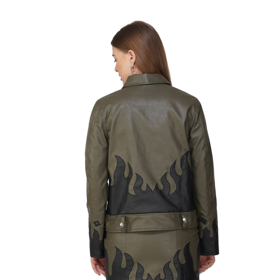 SLAY. Faux Leather Flames Jacket Olive & Black