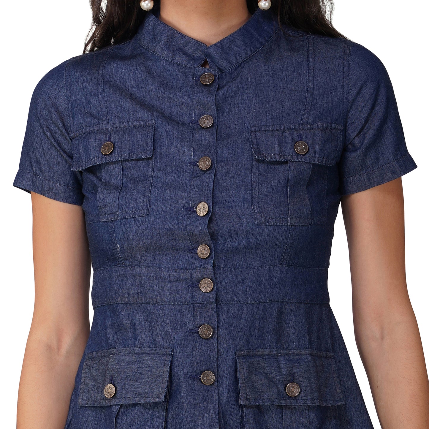SLAY. Women's Denim Half Sleeves Button Up Top & Skirt Co-ord Set