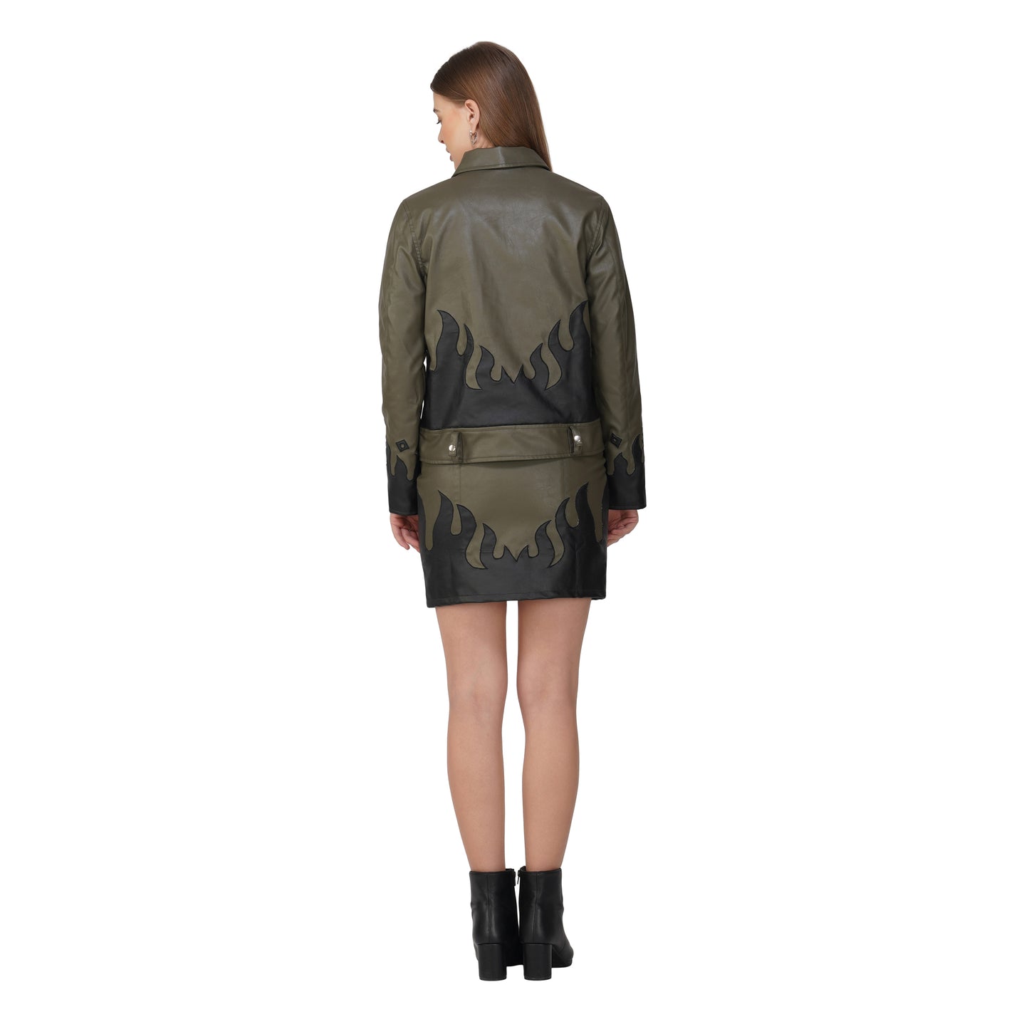 SLAY. Faux Leather Flames Jacket & Skirt Co-ord Set Olive & Black