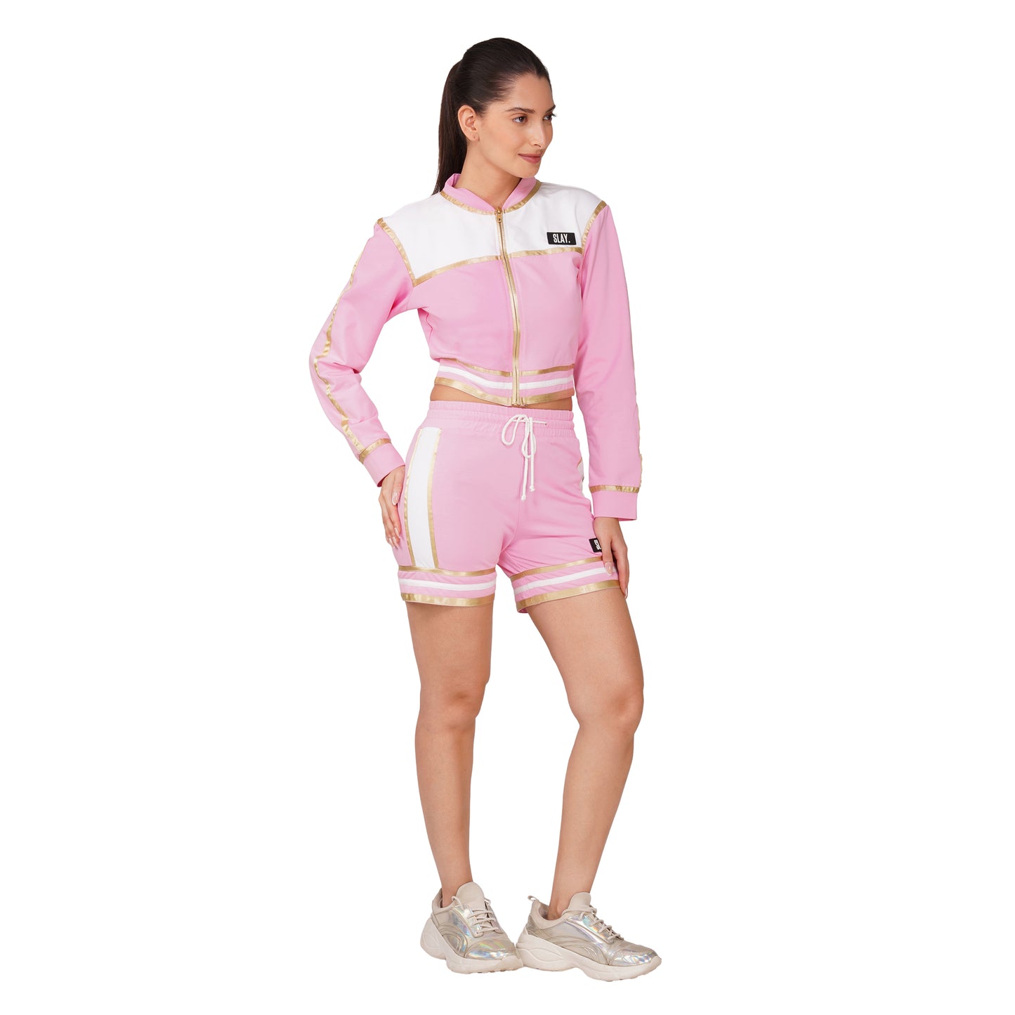 SLAY. Women's Pink Power Play 3-Piece Co-ord Set – Jacket + Crop Top + Shorts or Pants | Made to Order