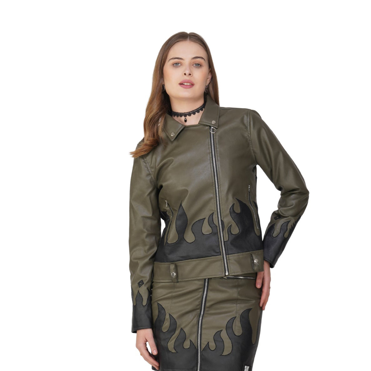 SLAY. Faux Leather Flames Jacket Olive & Black