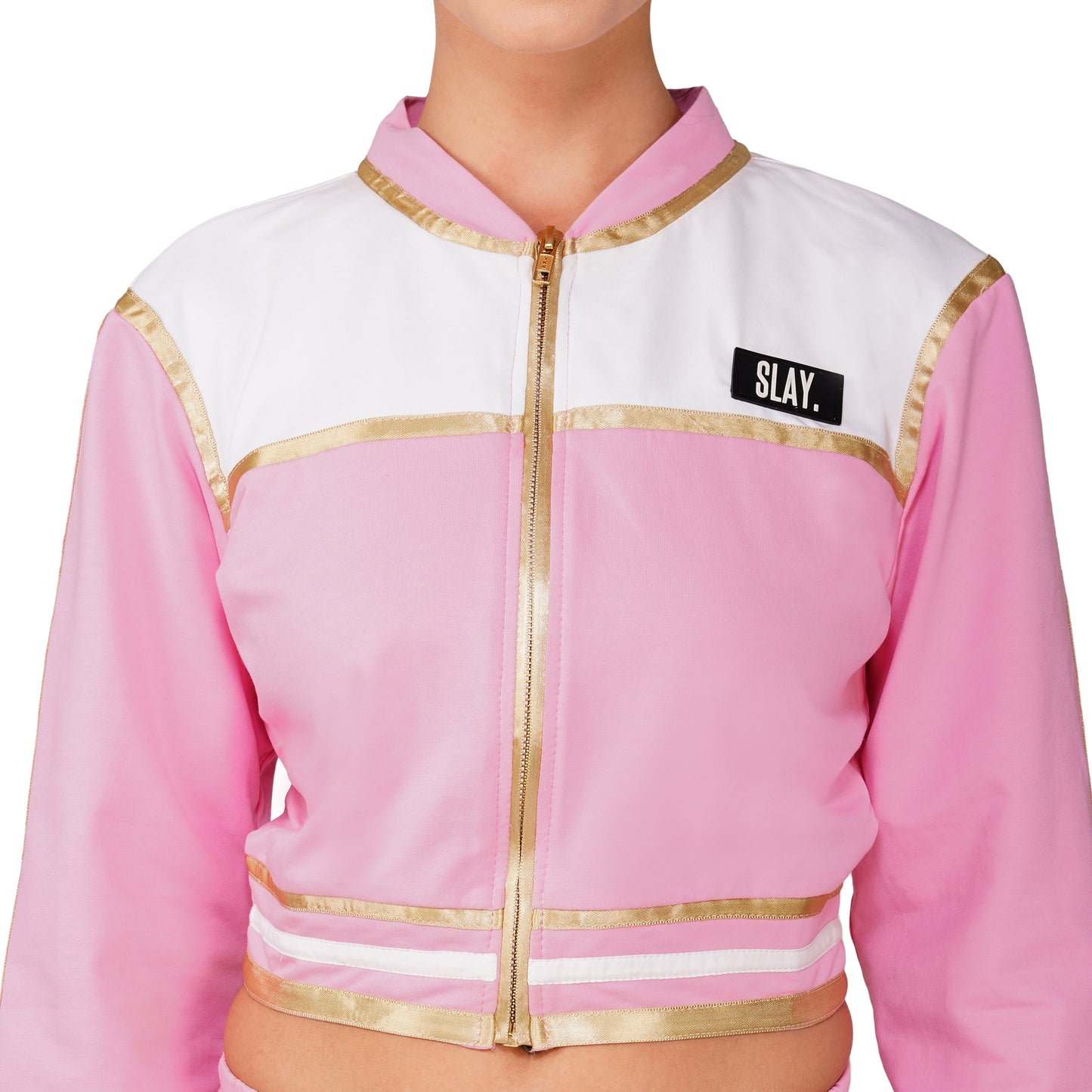SLAY. Women's Pink Power Play 3-Piece Co-ord Set – Jacket + Crop Top + Shorts or Pants | Made to Order