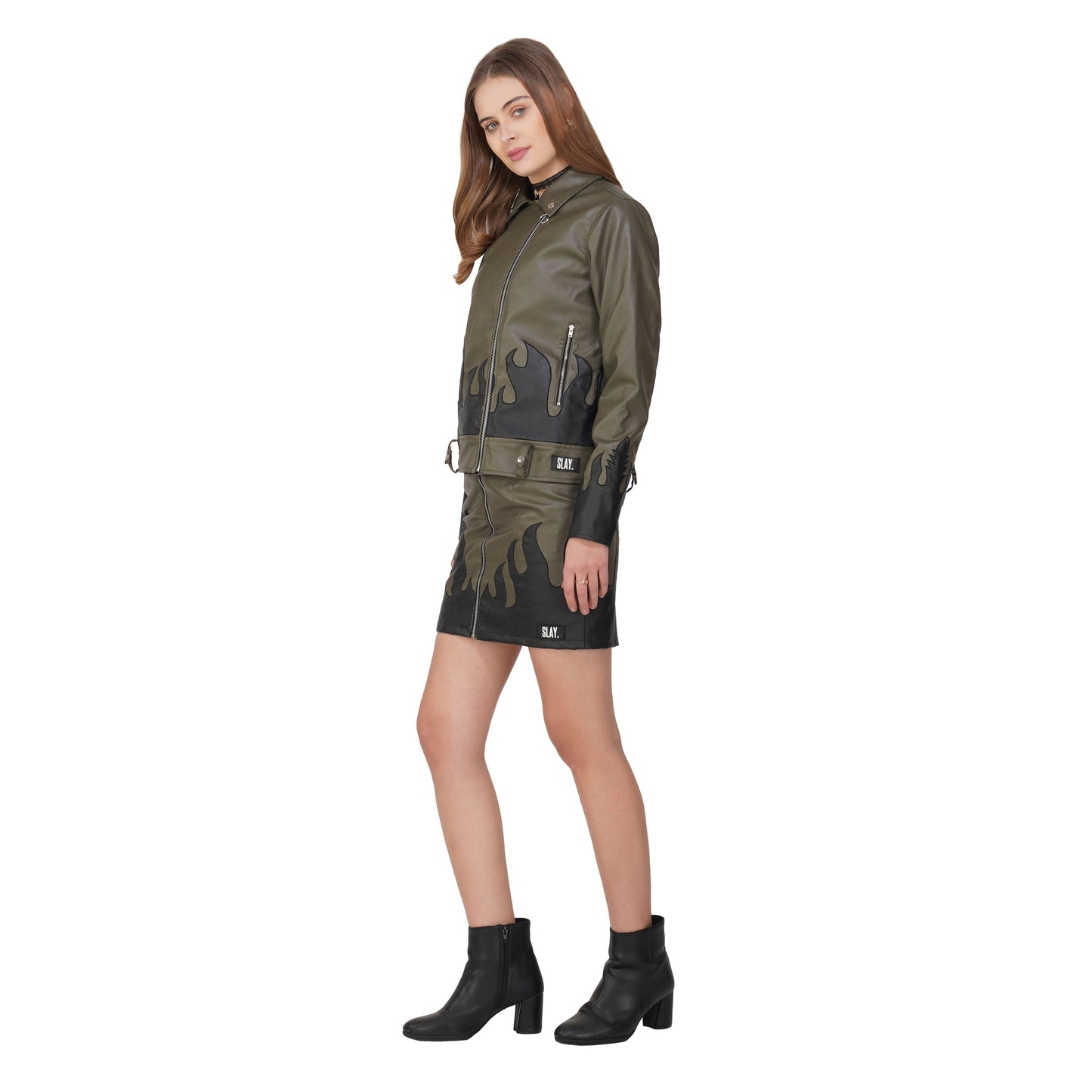 SLAY. Faux Leather Flames Jacket Olive & Black