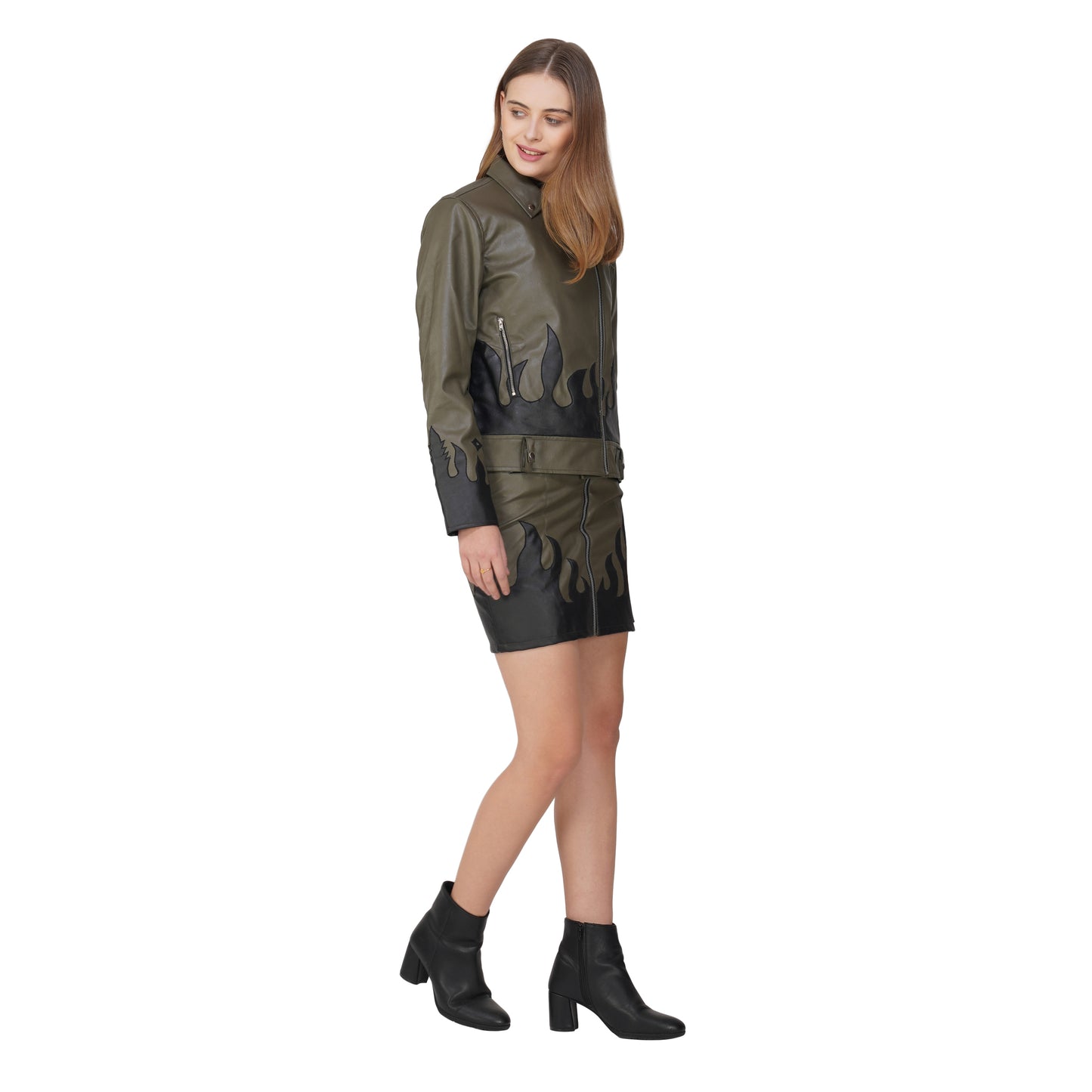 SLAY. Faux Leather Flames Jacket Olive & Black