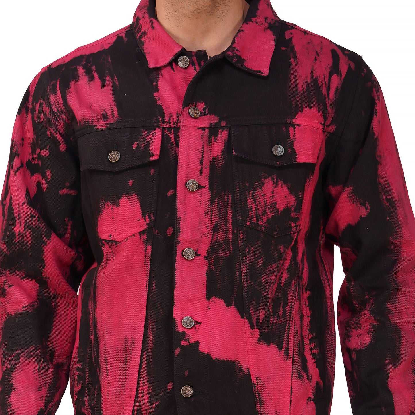 SLAY. Men's "Deadpool Theme" Red & Black Tie Dye Button-Down Ripped Denim Jacket & Jeans Co-ord Set