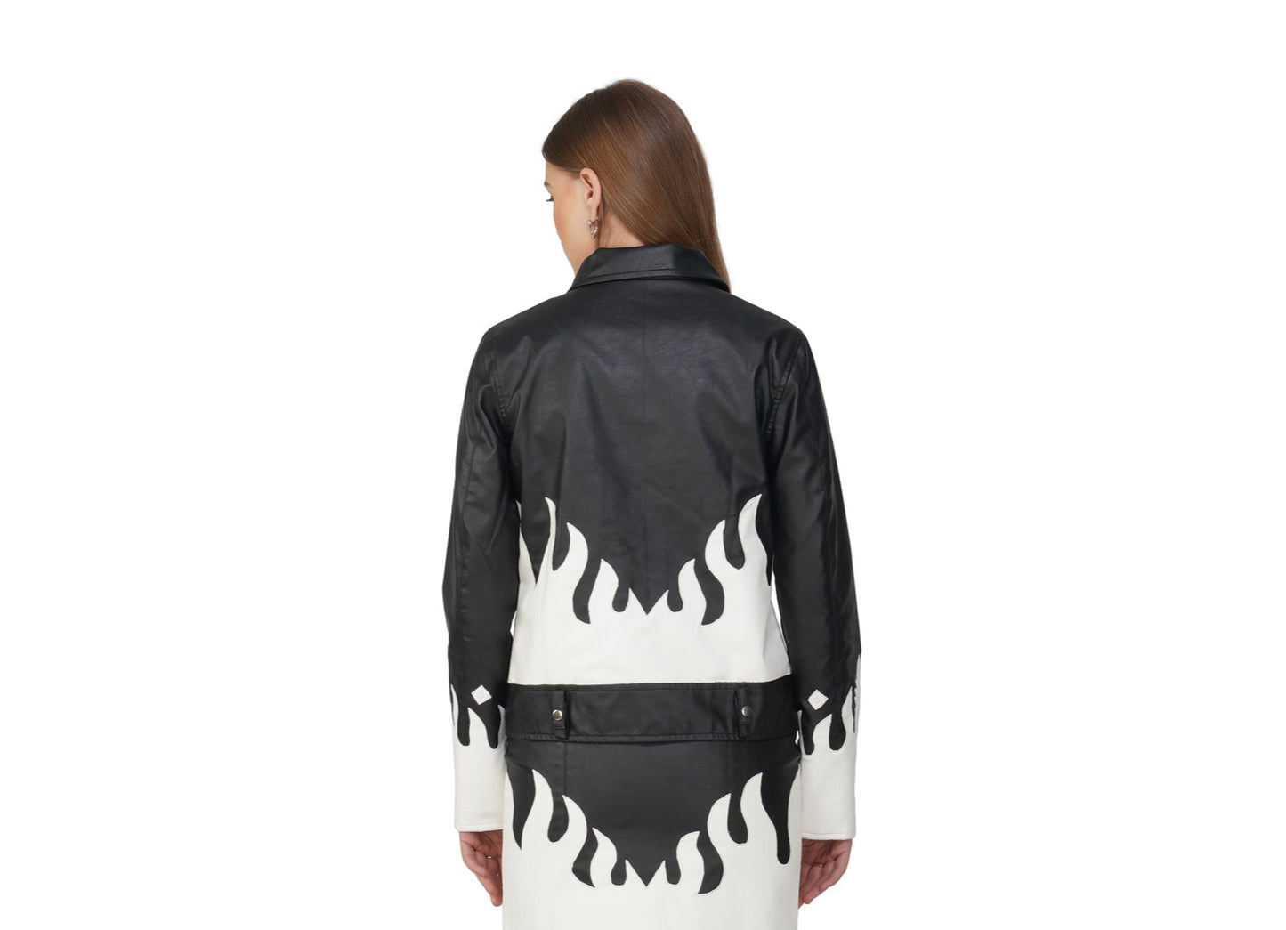 SLAY. Faux Leather Flames Jacket Black & White