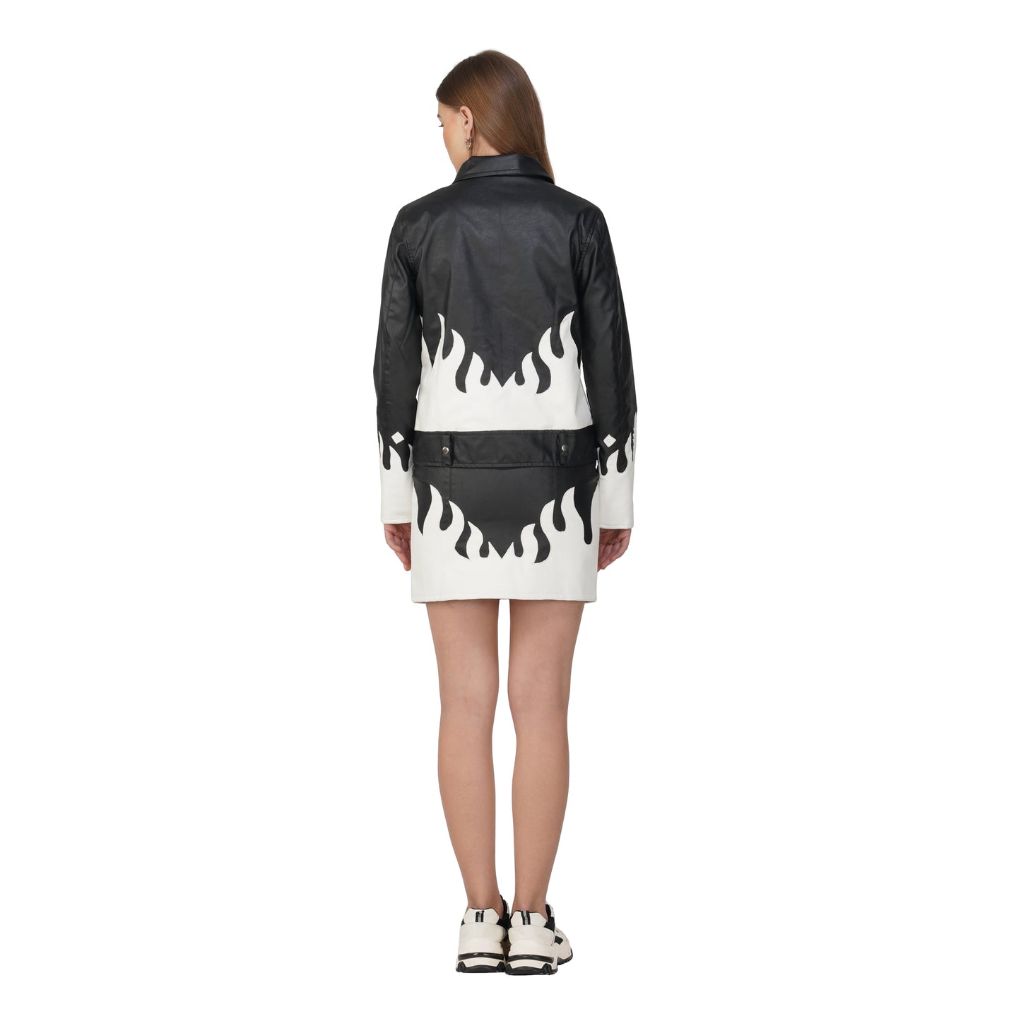 SLAY. Faux Leather Flames Jacket & Skirt Co-ord Set Black & White