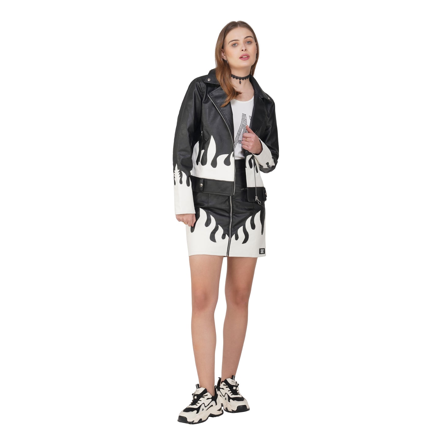 SLAY. Faux Leather Flames Jacket & Skirt Co-ord Set Black & White