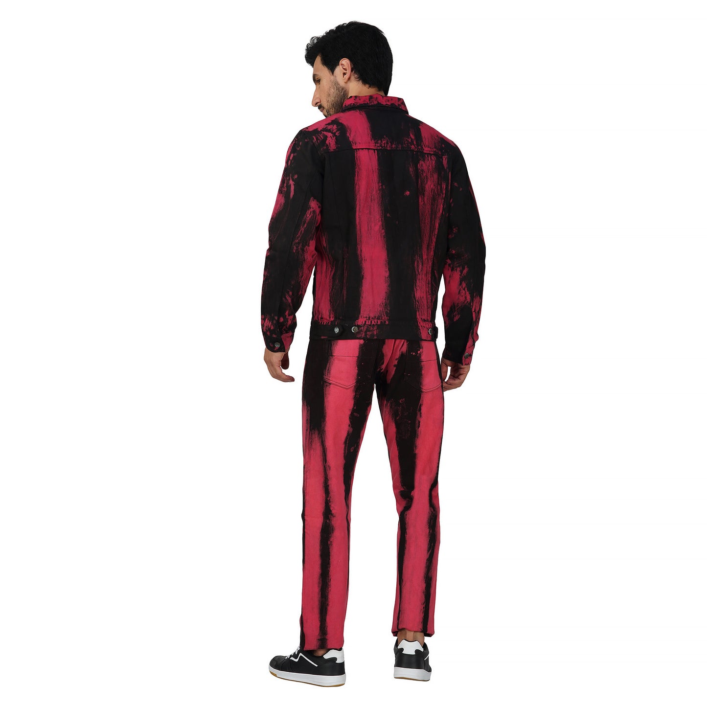 SLAY. Men's "Deadpool Theme" Red & Black Tie Dye Button-Down Ripped Denim Jacket & Jeans Co-ord Set
