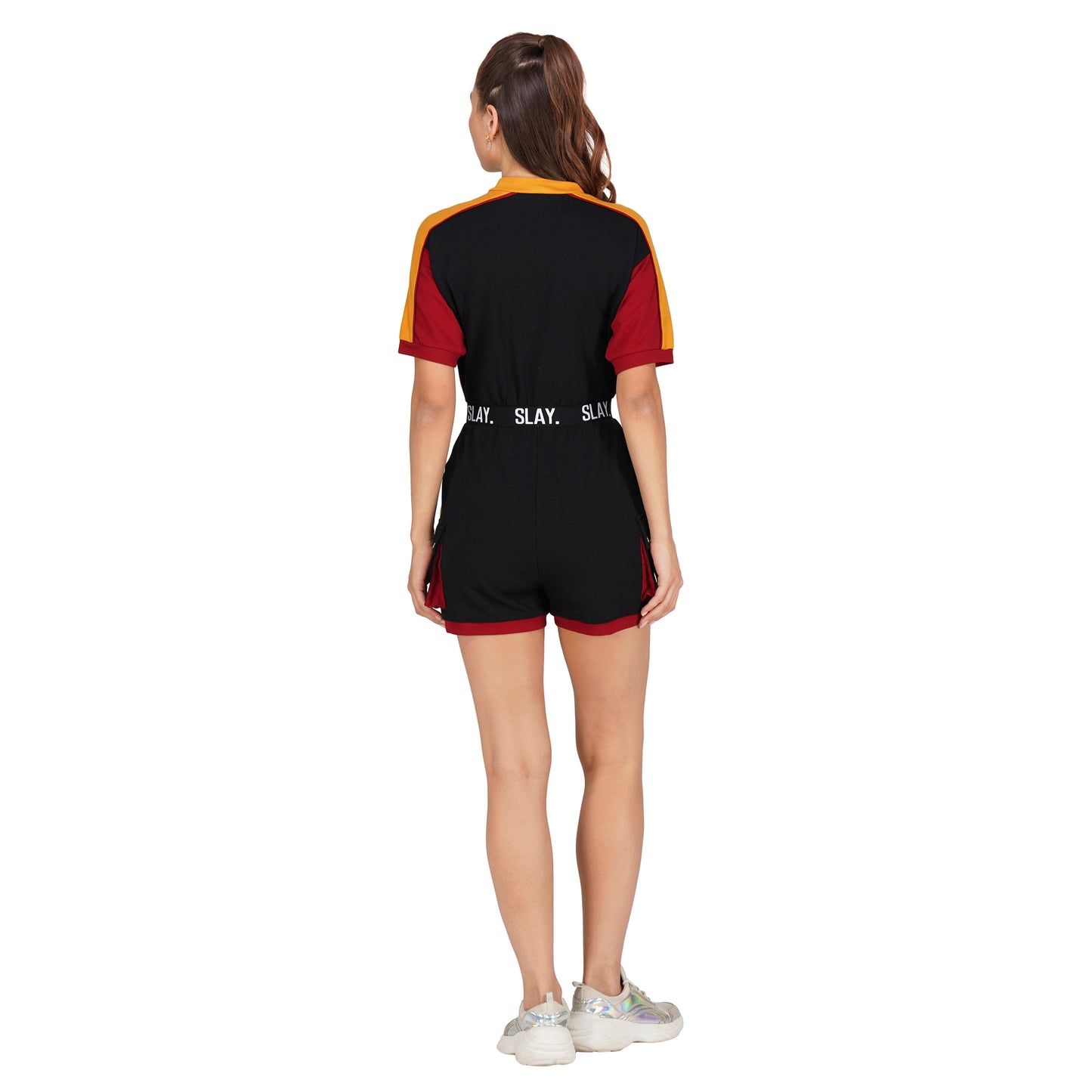 SLAY. Women's Colorblock Romper Black Red Yellow