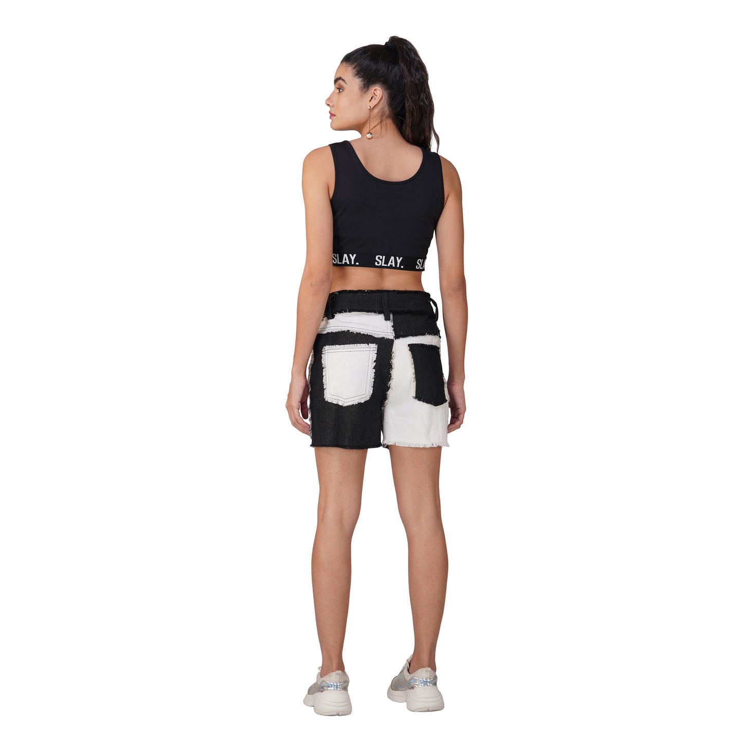 SLAY. Monochrome Patchwork Denim Shorts – Raw Hem Edition