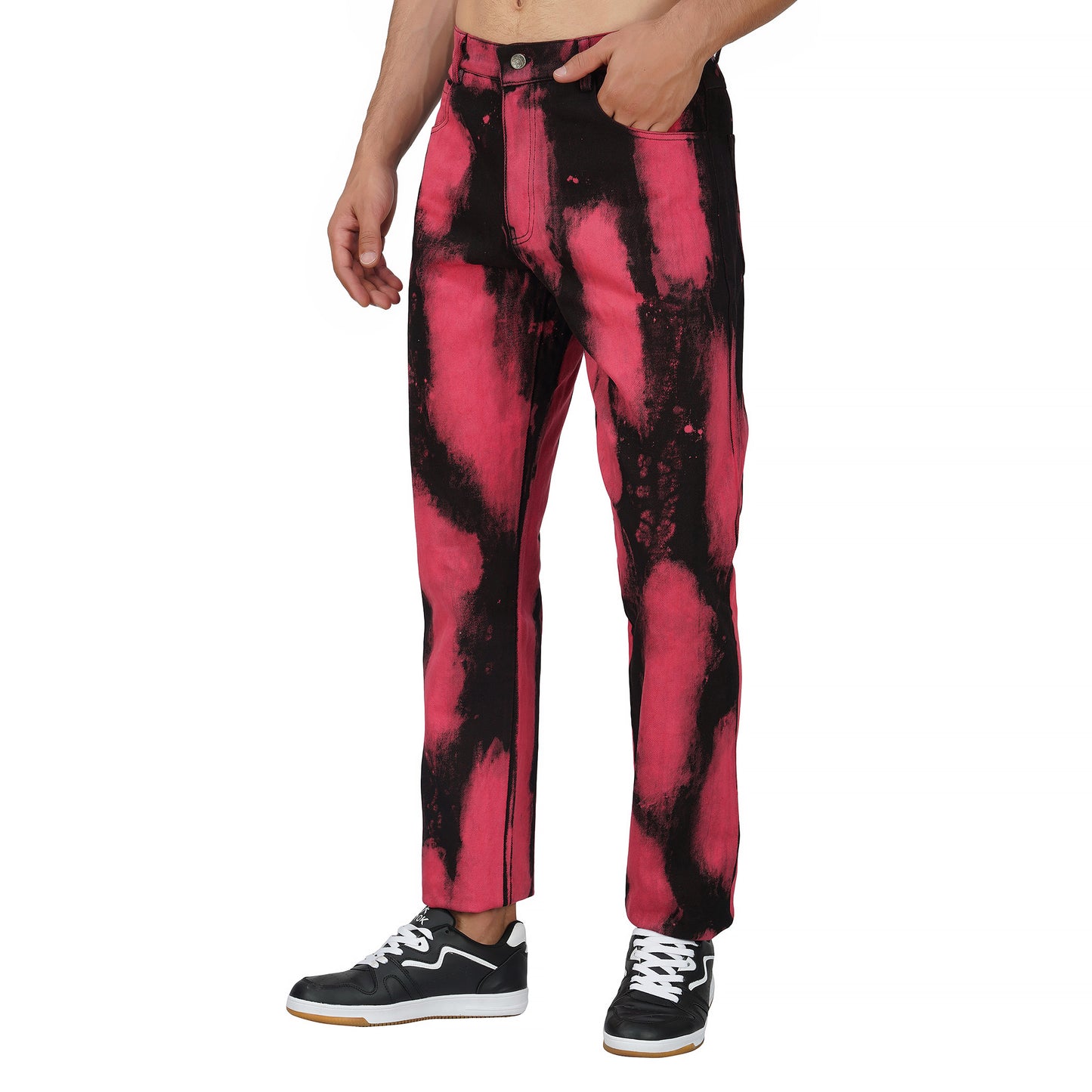 SLAY. Men's "Deadpool Theme" Red & Black Tie Dye Button-Down Ripped Denim Jacket & Jeans Co-ord Set