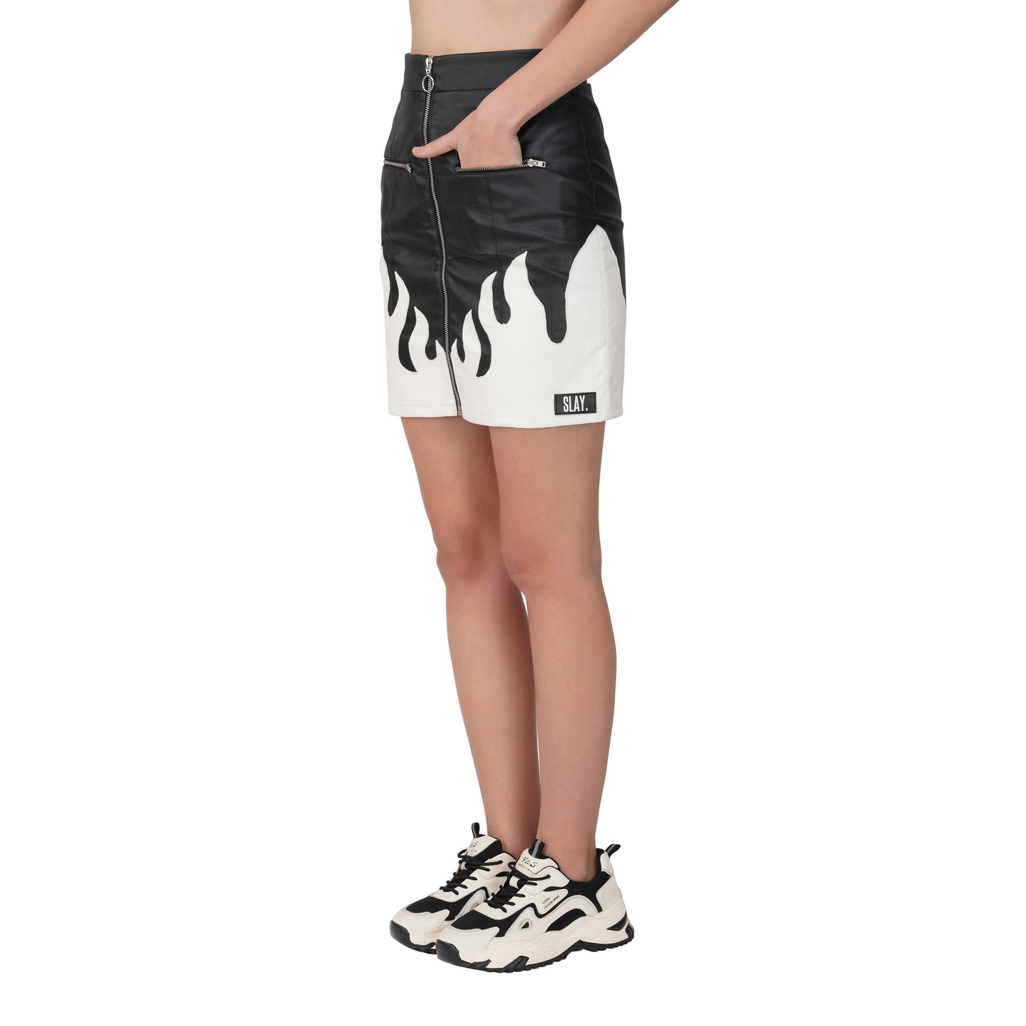 SLAY. Faux Leather Flames Jacket & Skirt Co-ord Set Black & White