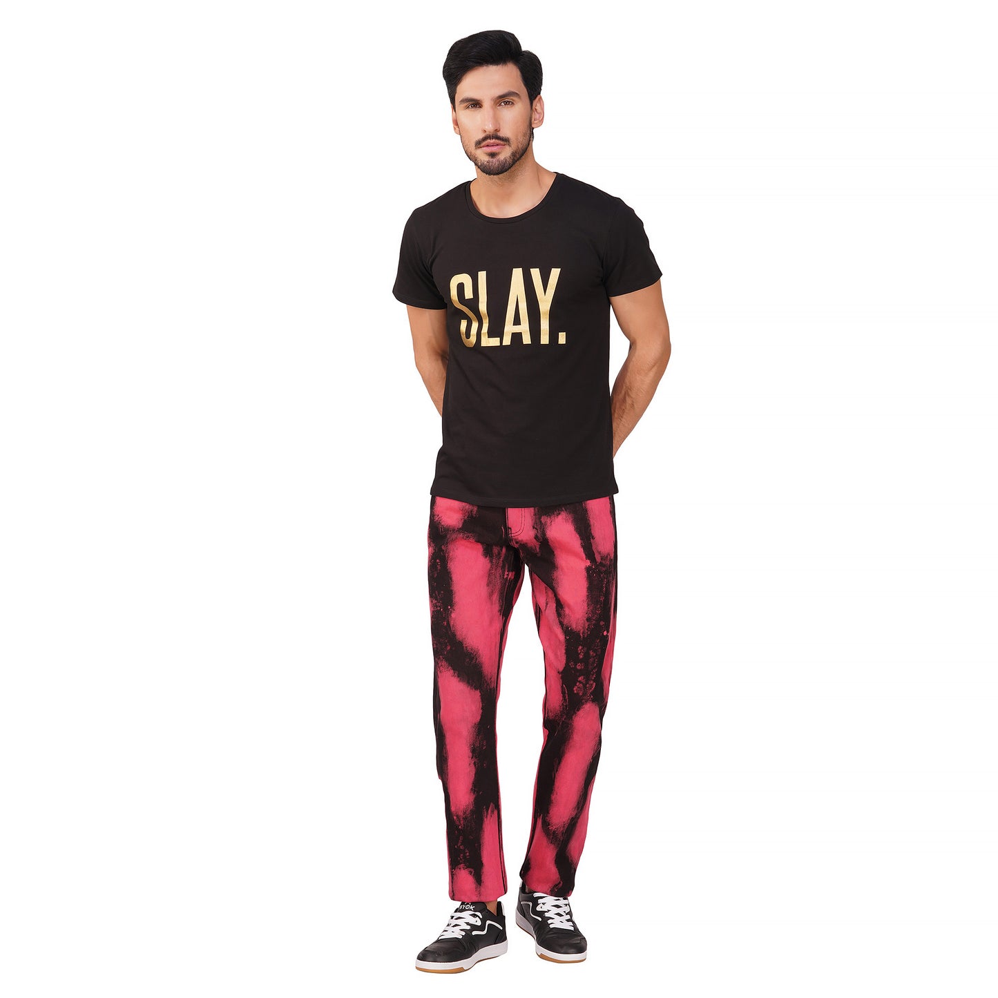 SLAY. Men's "Deadpool Theme" Red & Black Tie Dye Button-Down Ripped Denim Jacket & Jeans Co-ord Set