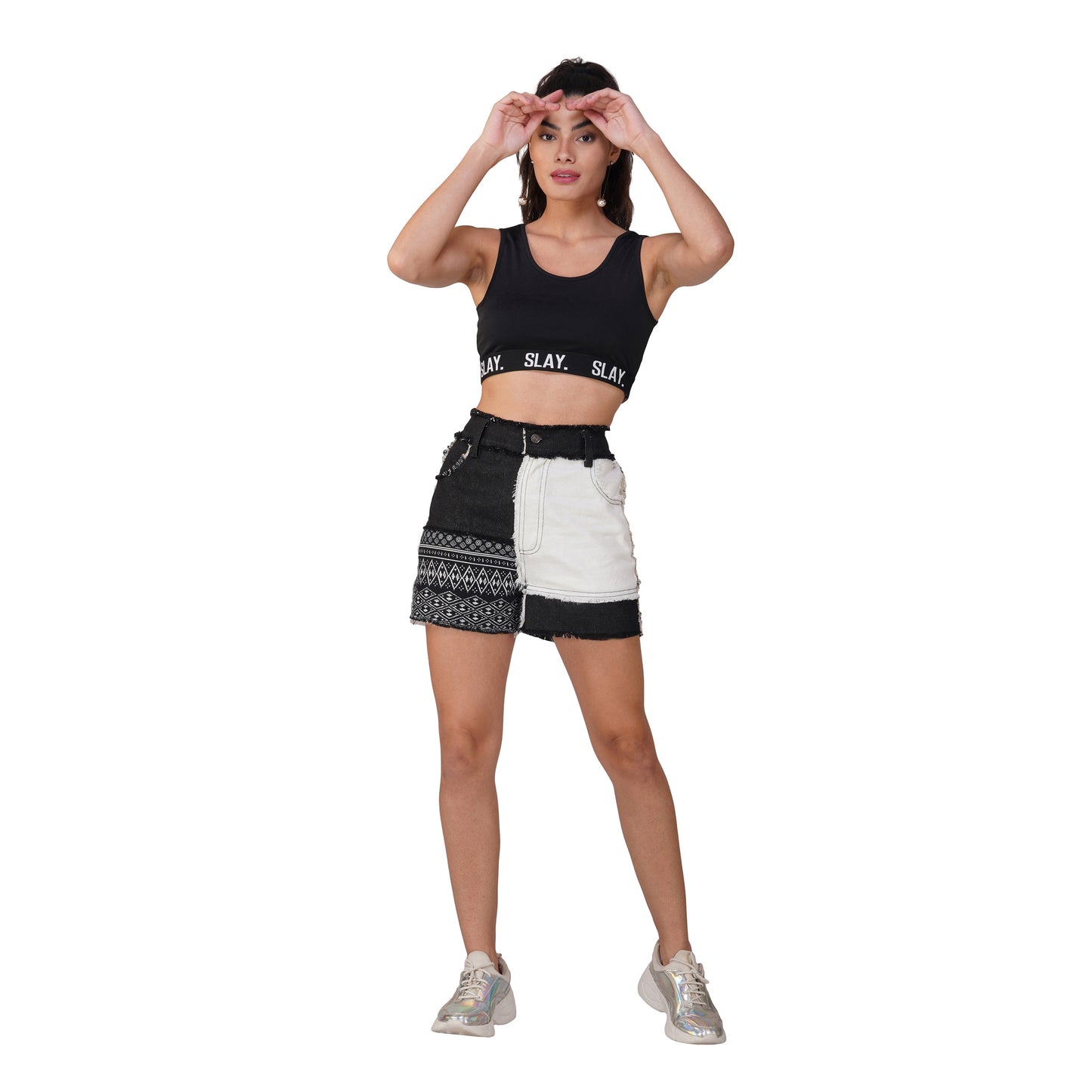 SLAY. Monochrome Patchwork Denim Shorts – Raw Hem Edition