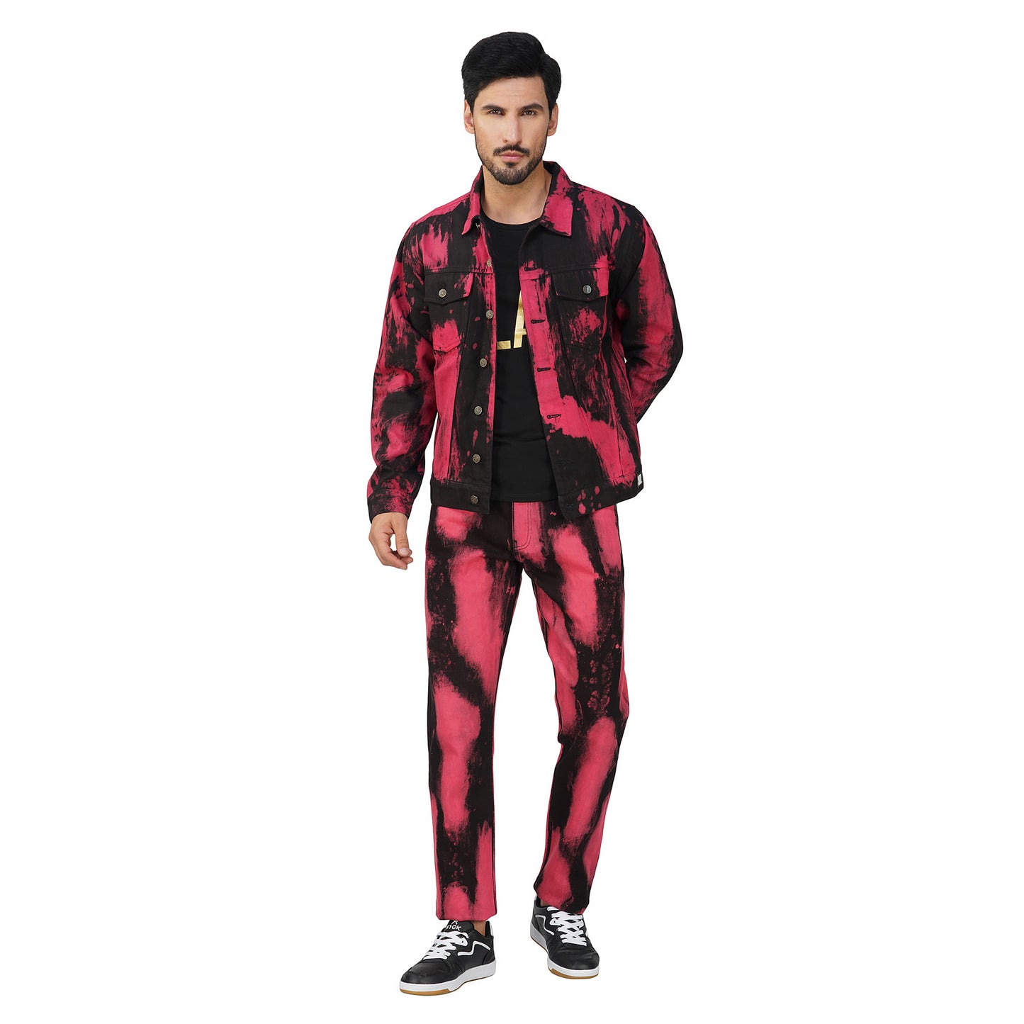 SLAY. Men's "Deadpool Theme" Red & Black Tie Dye Button-Down Ripped Denim Jacket & Jeans Co-ord Set