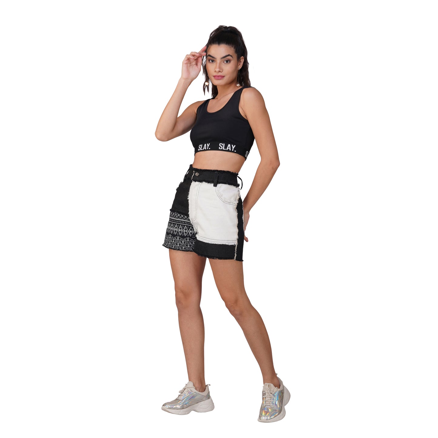 SLAY. Monochrome Patchwork Denim Shorts – Raw Hem Edition