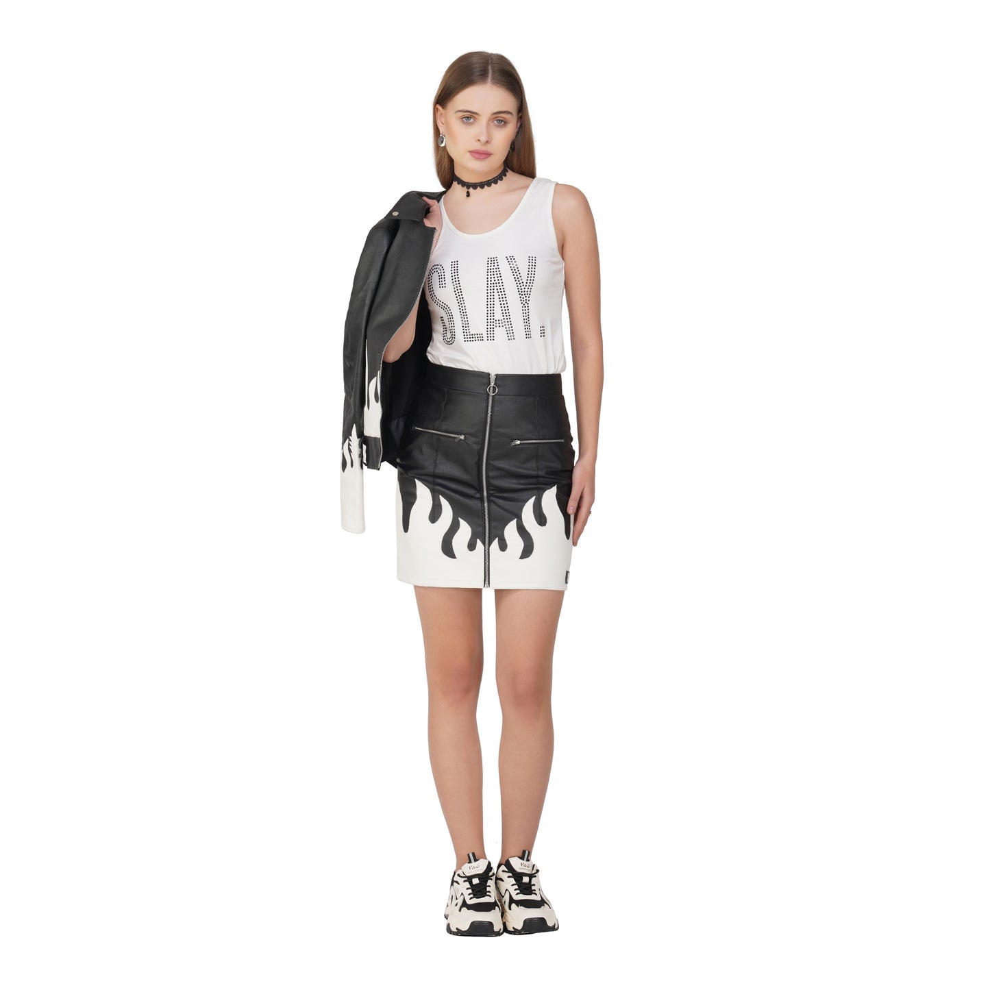 SLAY. Faux Leather Flames Jacket Black & White