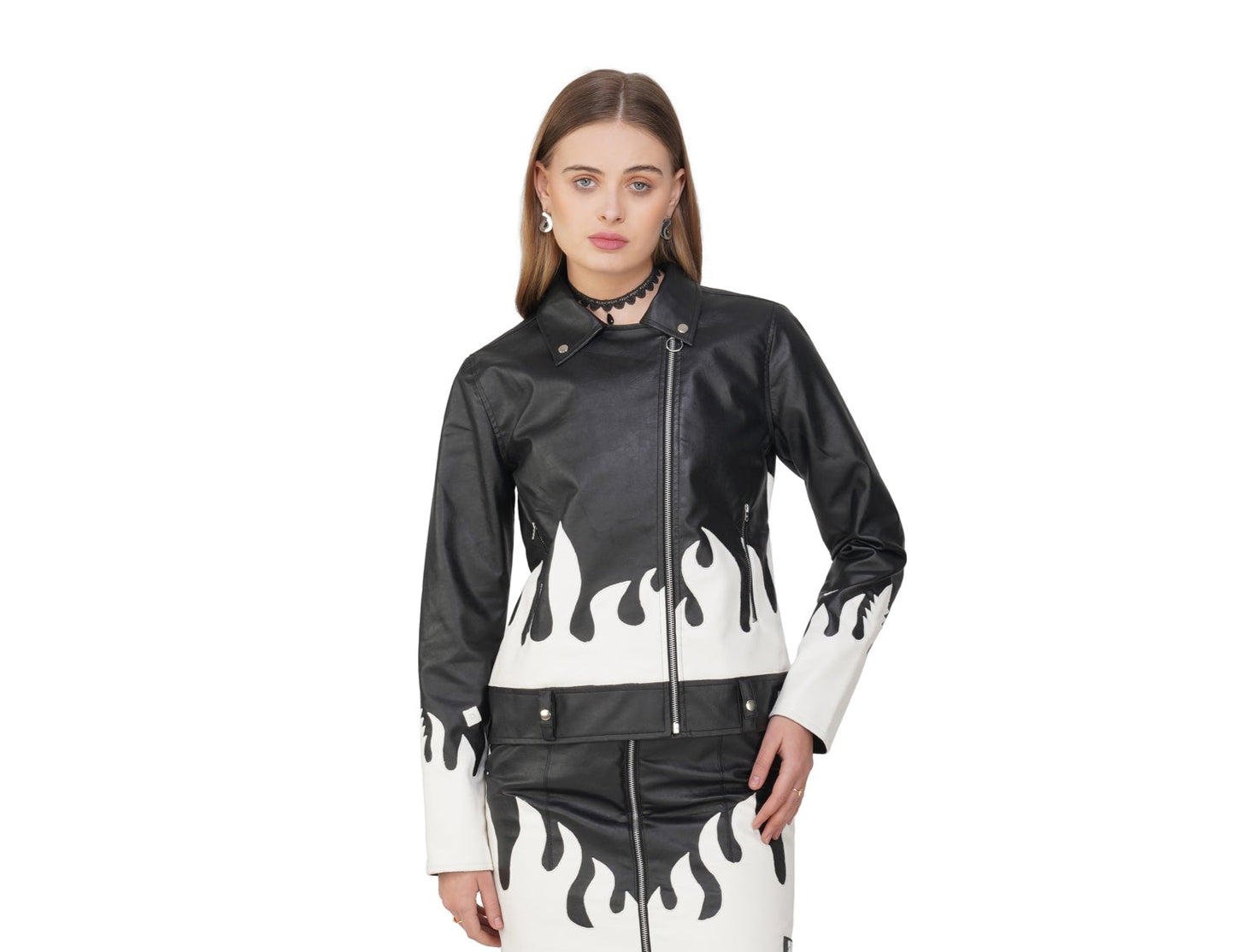 SLAY. Faux Leather Flames Jacket Black & White