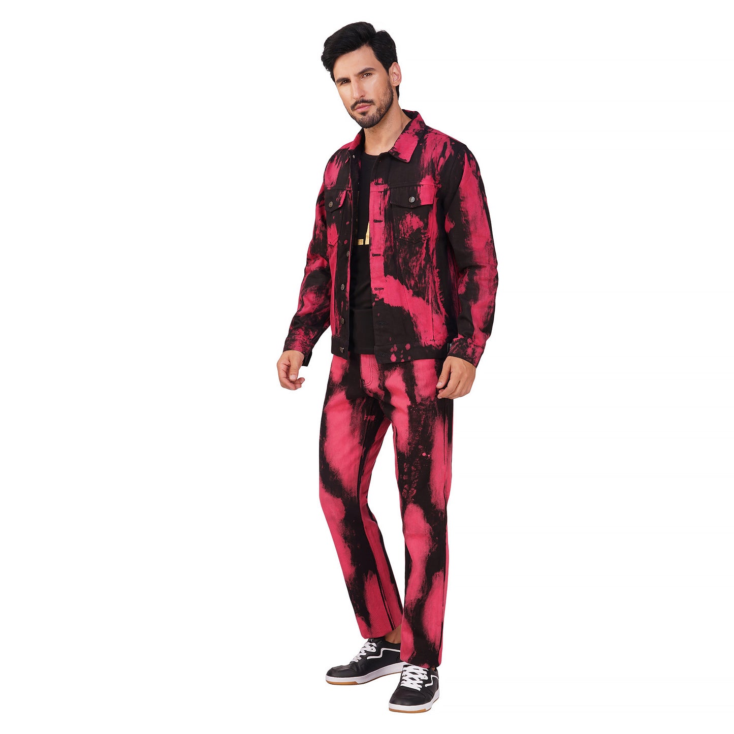 SLAY. Men's "Deadpool Theme" Red & Black Tie Dye Button-Down Ripped Denim Jacket & Jeans Co-ord Set