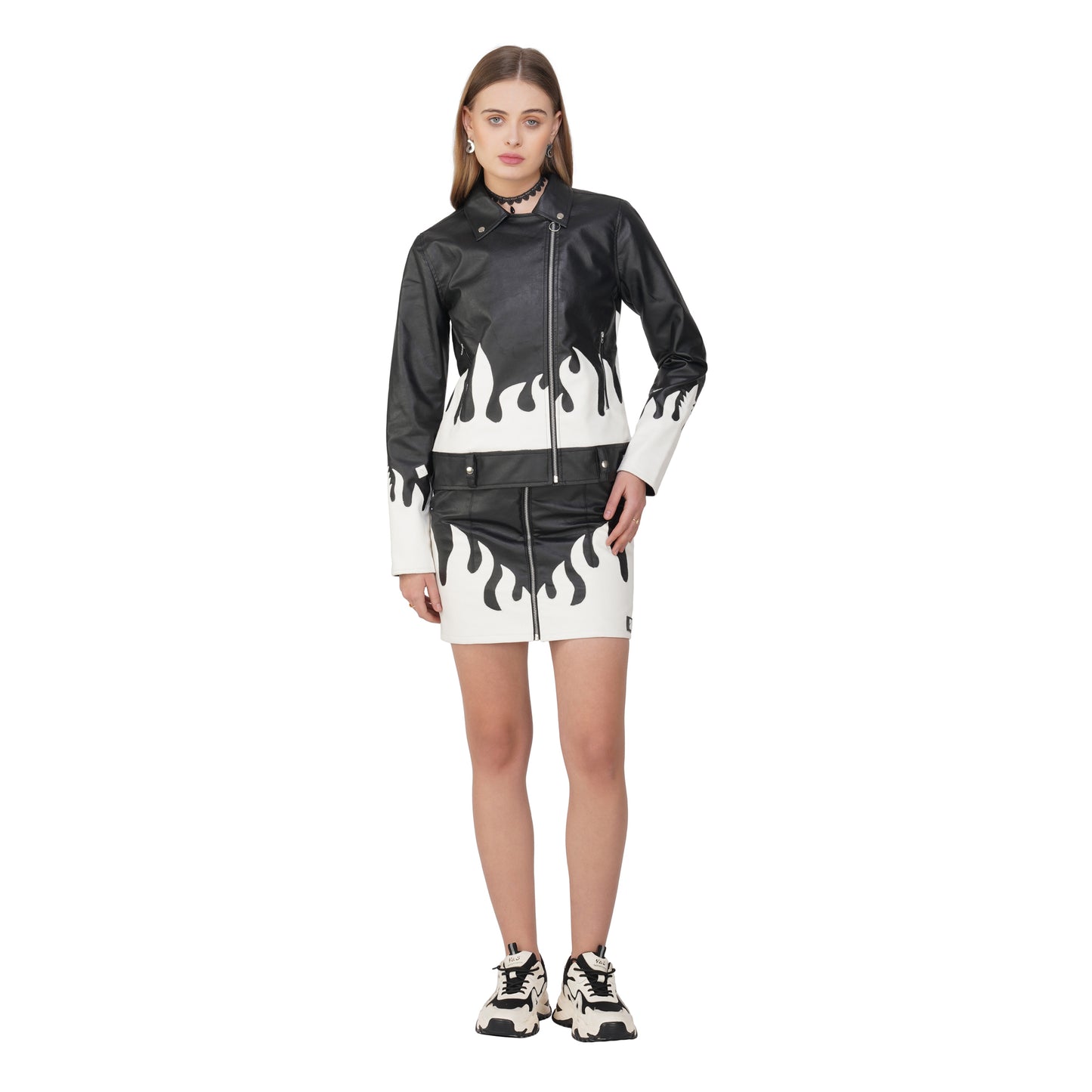 SLAY. Faux Leather Flames Jacket & Skirt Co-ord Set Black & White
