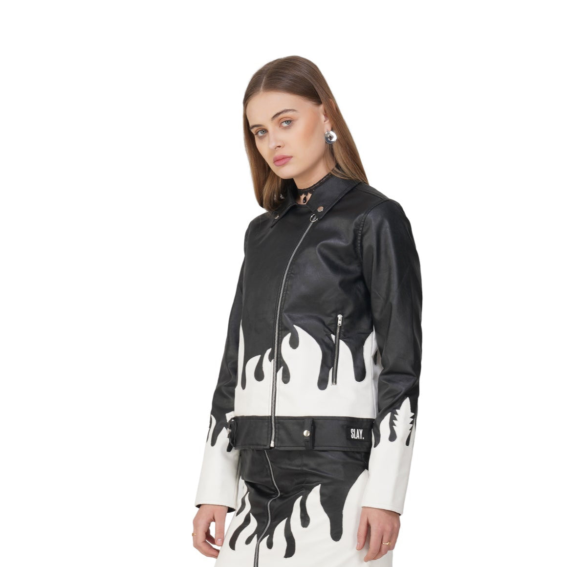 SLAY. Faux Leather Flames Jacket Black & White