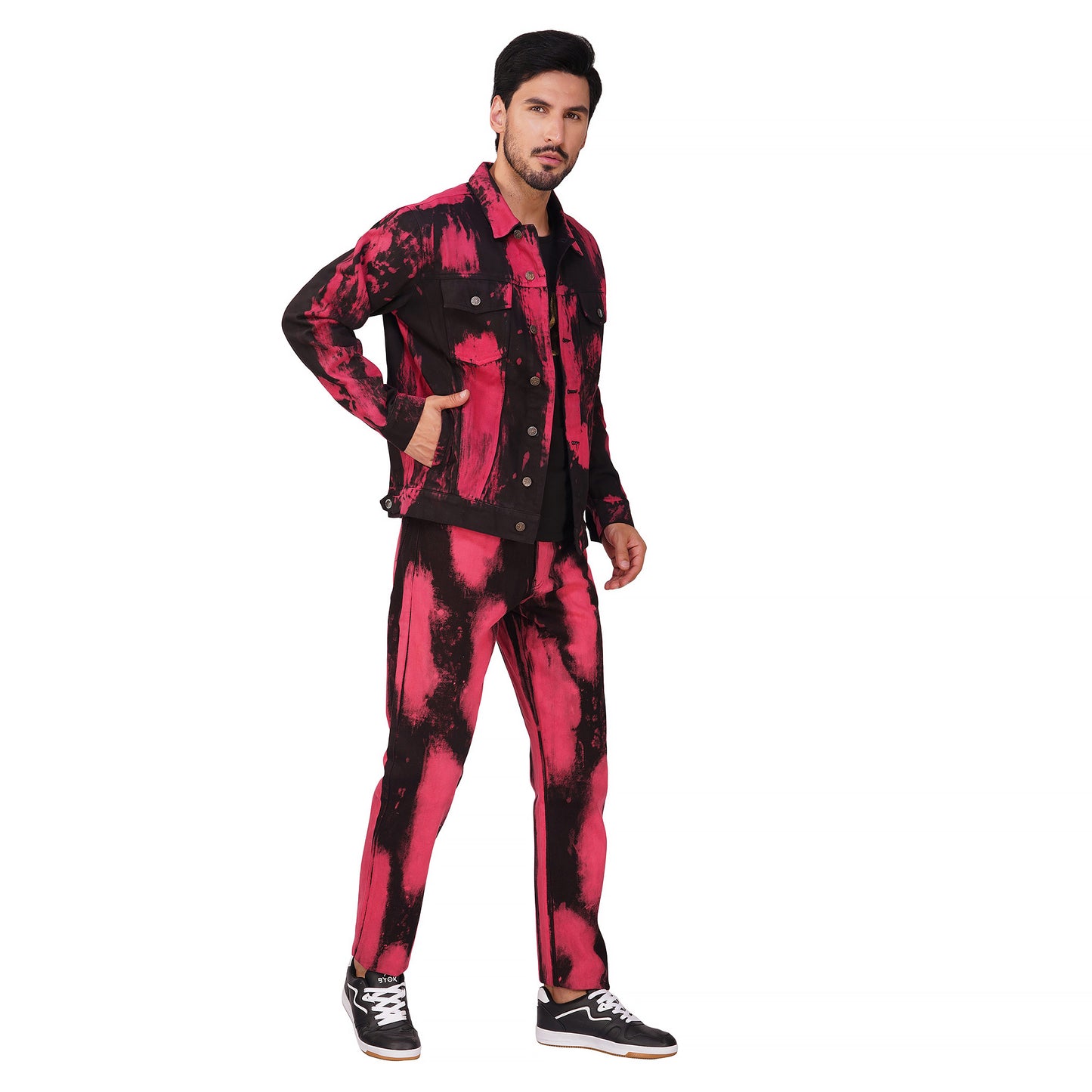 SLAY. Men's "Deadpool Theme" Red & Black Tie Dye Button-Down Ripped Denim Jacket & Jeans Co-ord Set