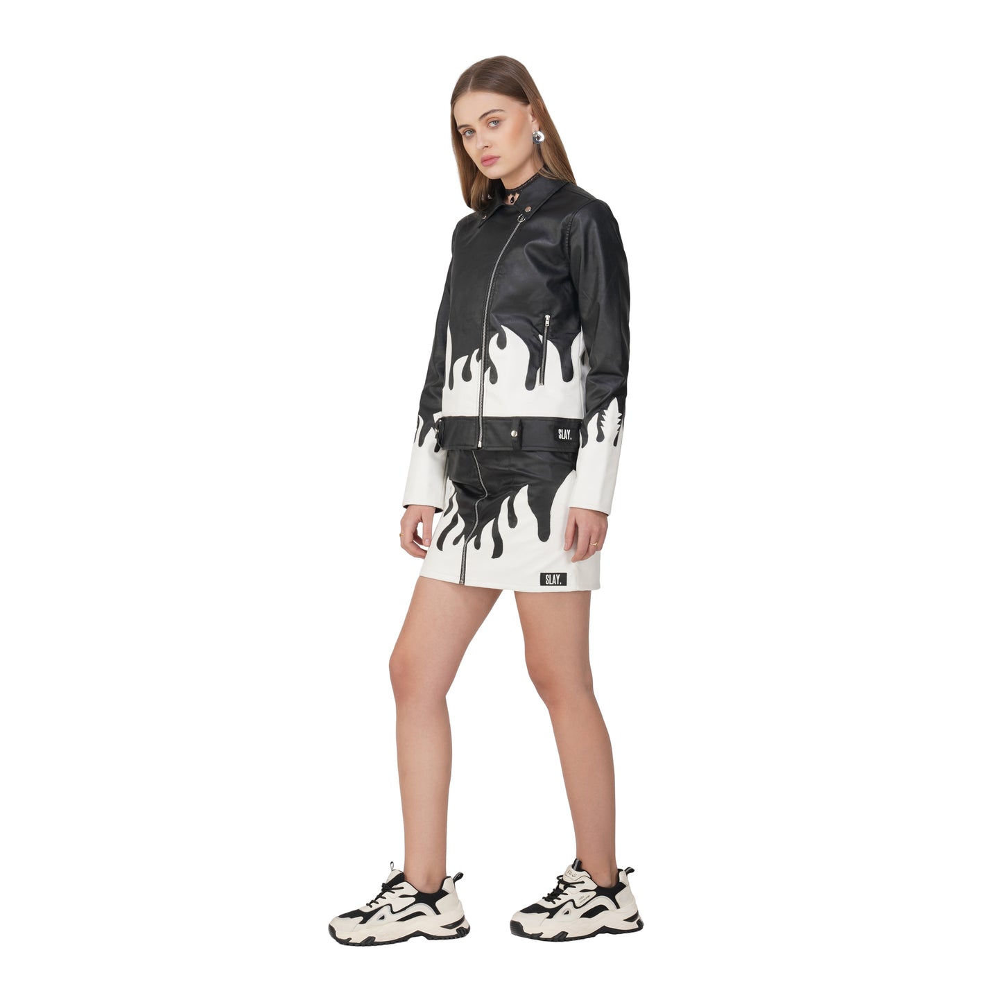 SLAY. Faux Leather Flames Jacket & Skirt Co-ord Set Black & White