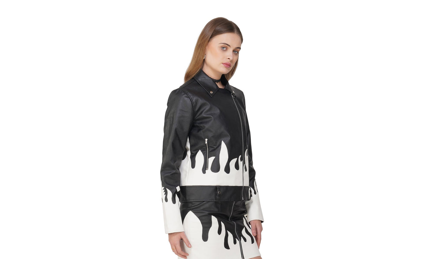 SLAY. Faux Leather Flames Jacket Black & White