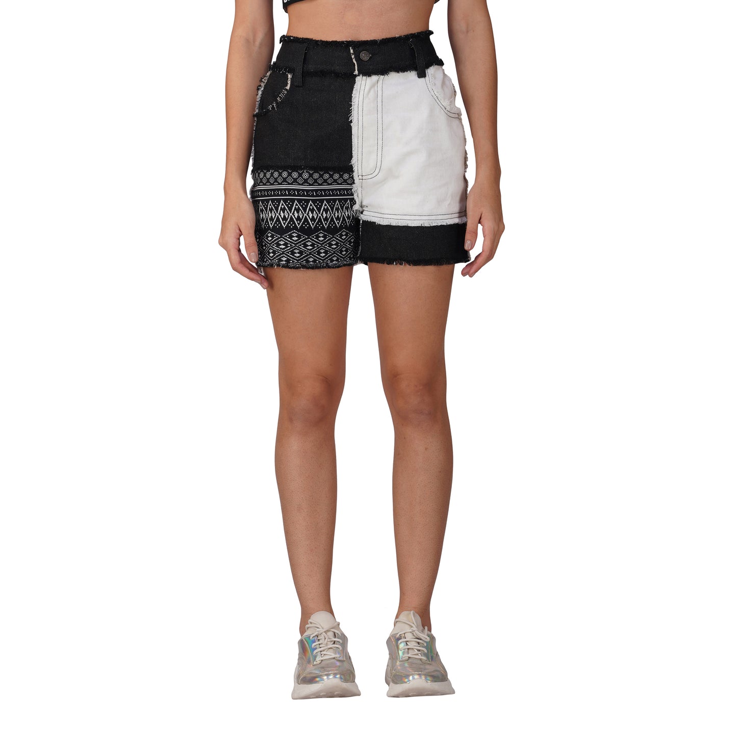 SLAY. Monochrome Patchwork Denim Shorts – Raw Hem Edition