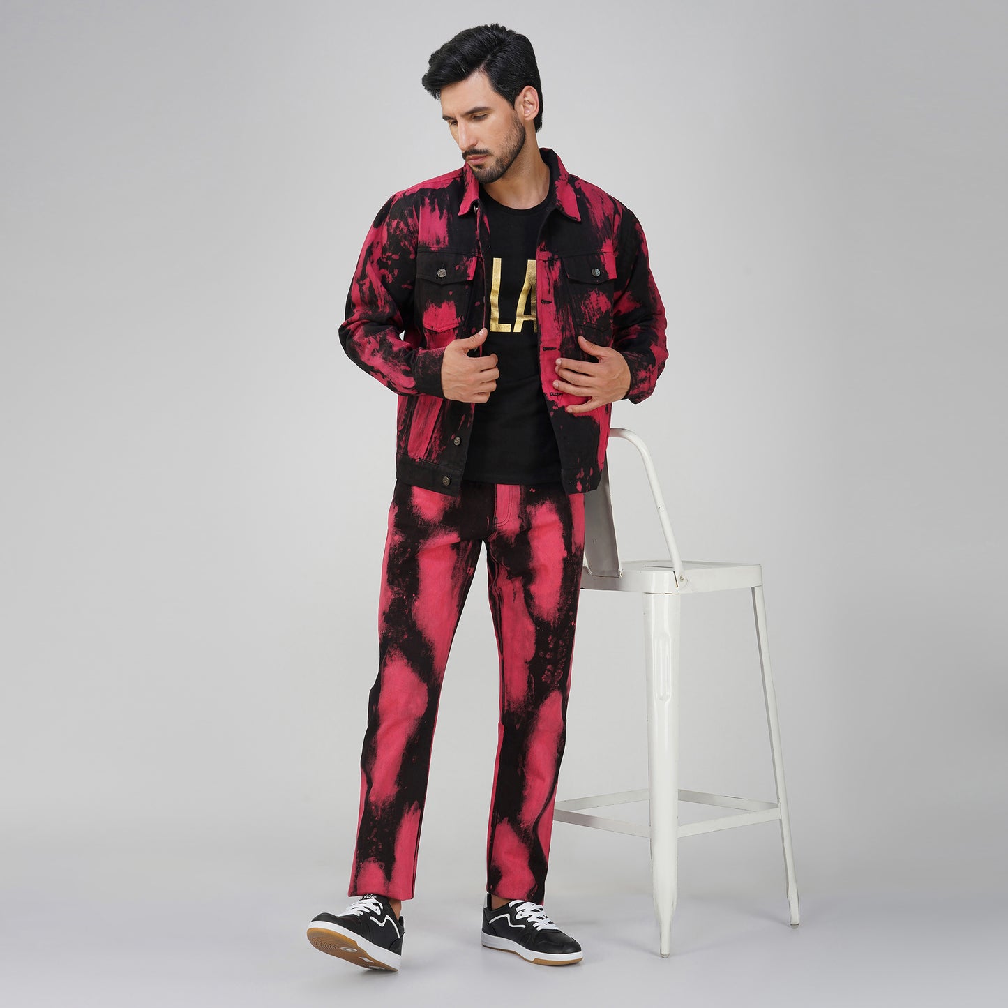 SLAY. Men's "Deadpool Theme" Red & Black Tie Dye Button-Down Ripped Denim Jacket & Jeans Co-ord Set