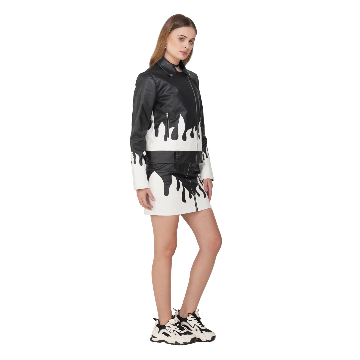 SLAY. Faux Leather Flames Jacket & Skirt Co-ord Set Black & White