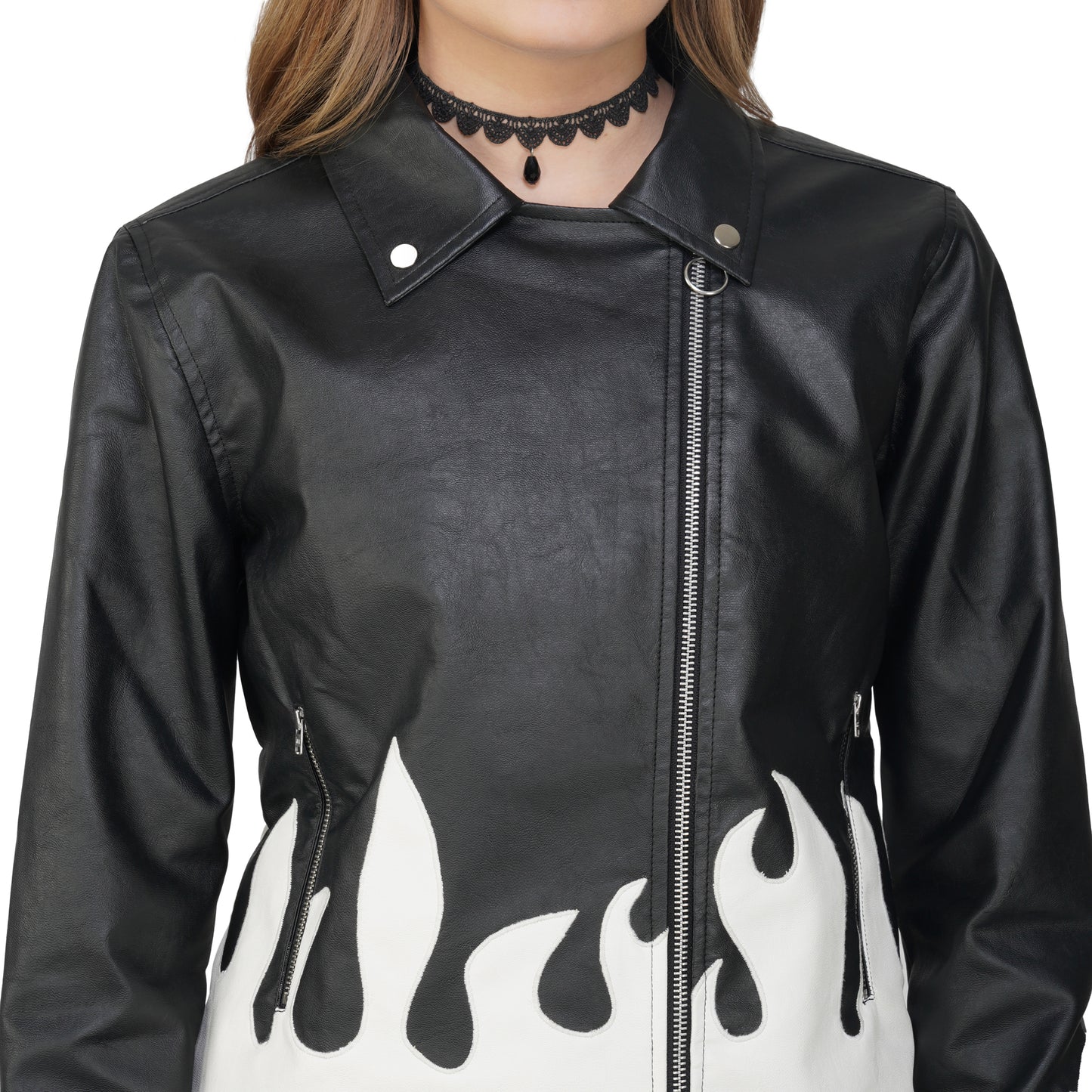 SLAY. Faux Leather Flames Jacket Black & White