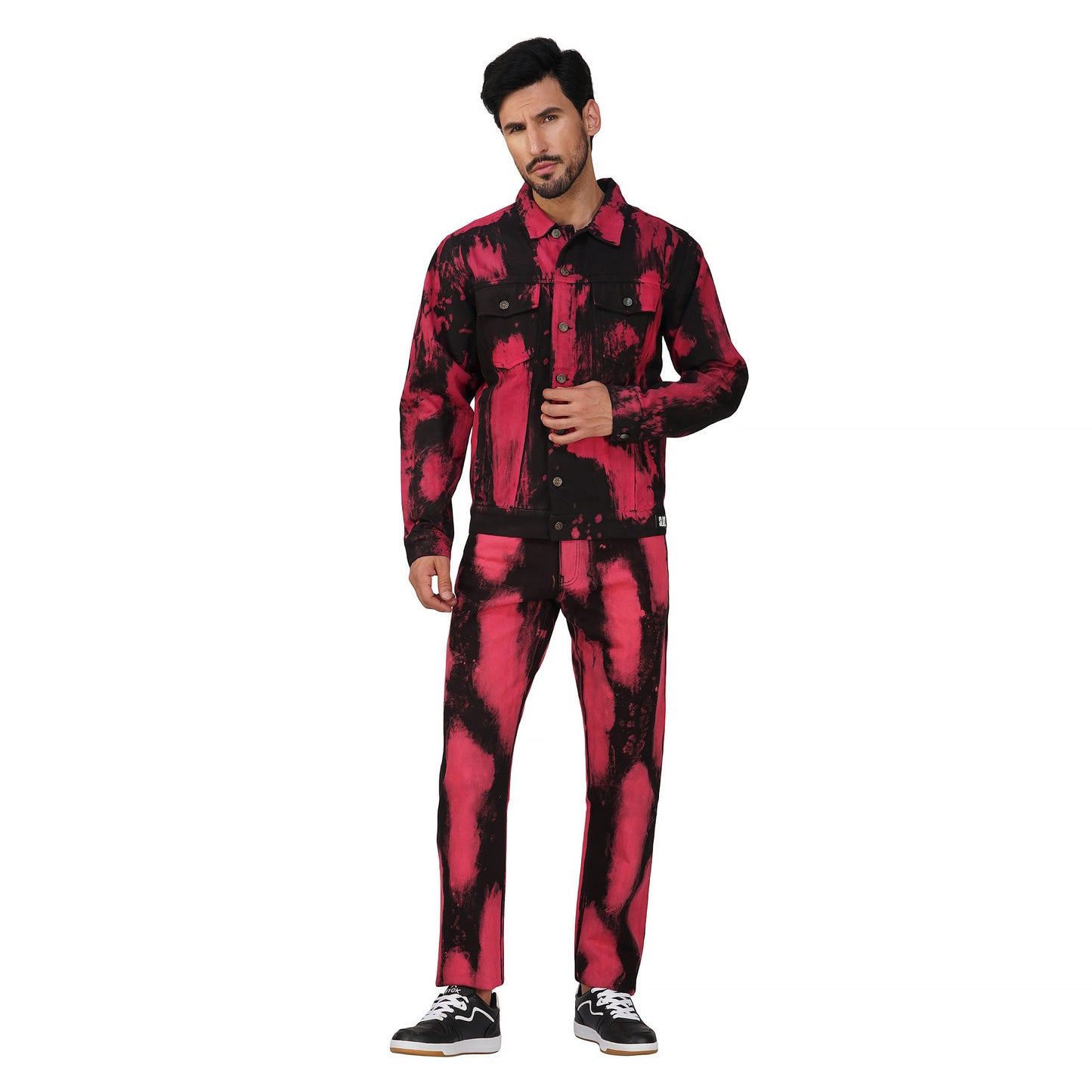 SLAY. Men's "Deadpool Theme" Red & Black Tie Dye Button-Down Ripped Denim Jacket & Jeans Co-ord Set