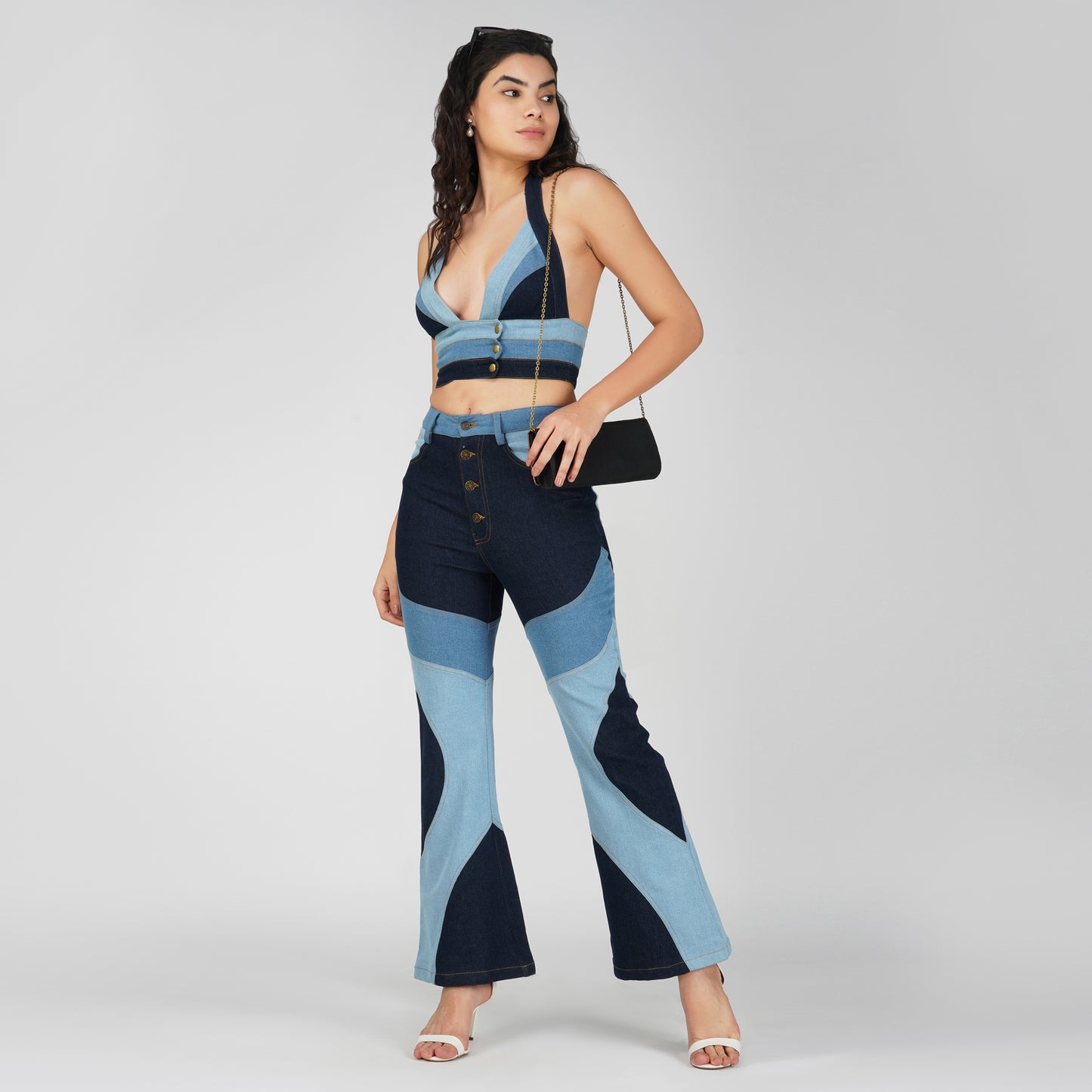 SLAY. Women's 3-Way Acid-Wash Colorblock Denim Co-ord Set