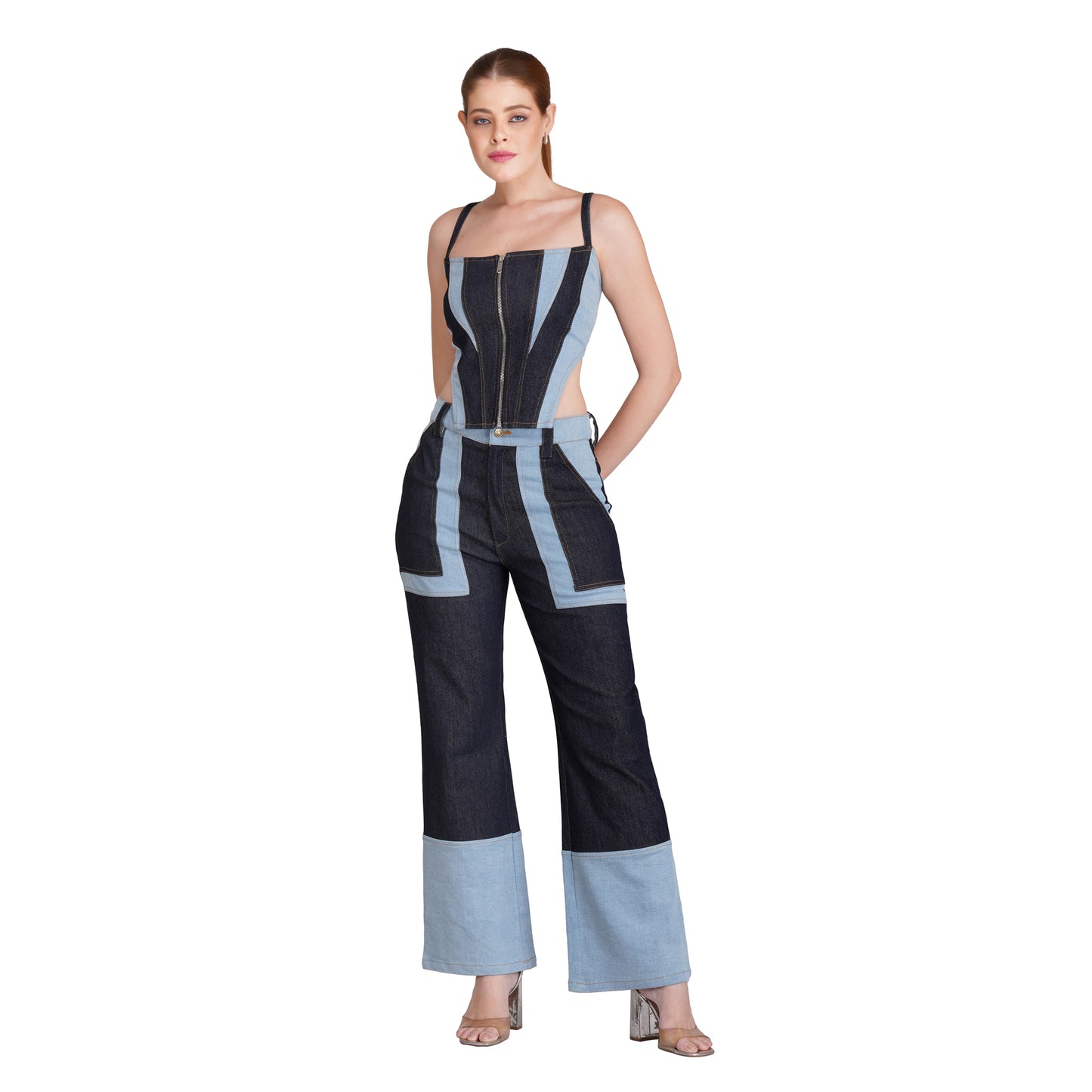 SLAY. Women's Retro Contrast Denim Corset & Flared Jeans Set(Stretch Fabric)