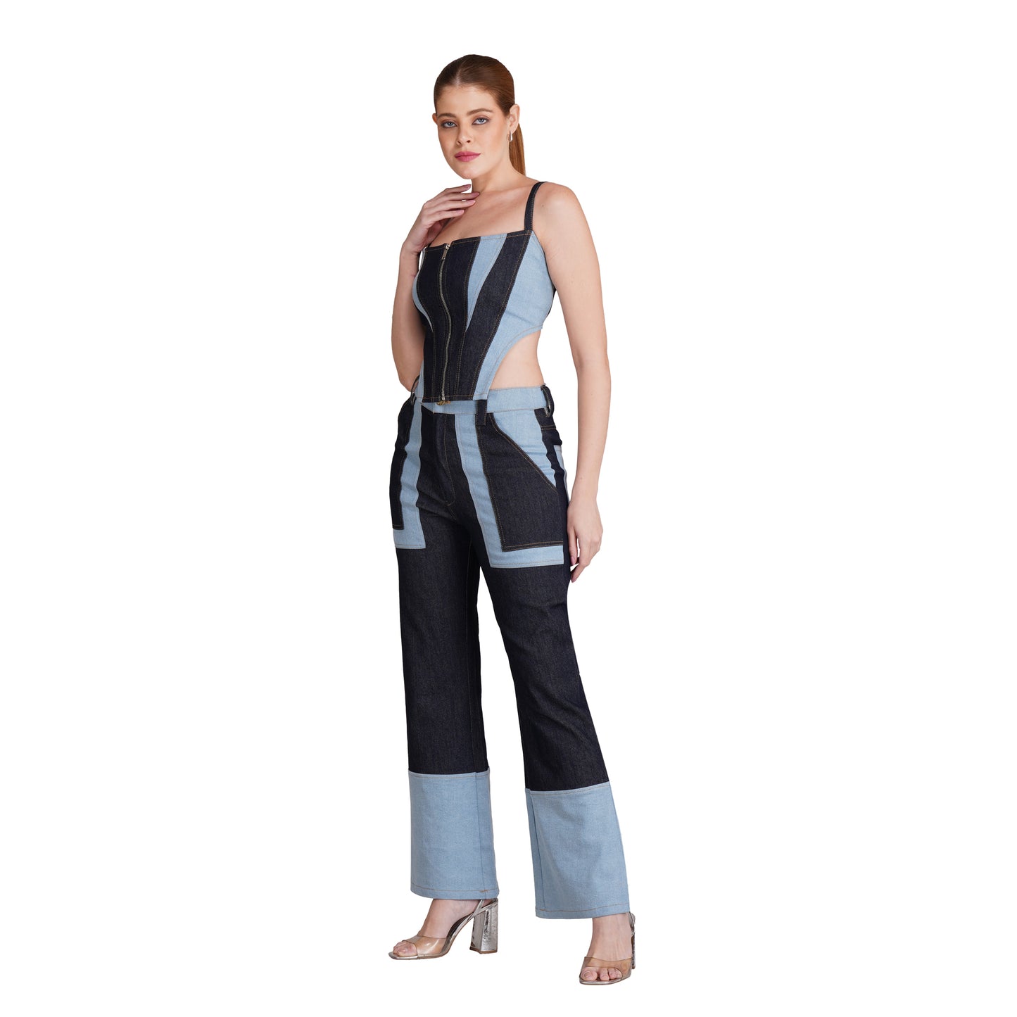 SLAY. Women's Retro Contrast Denim Corset & Flared Jeans Set(Stretch Fabric)
