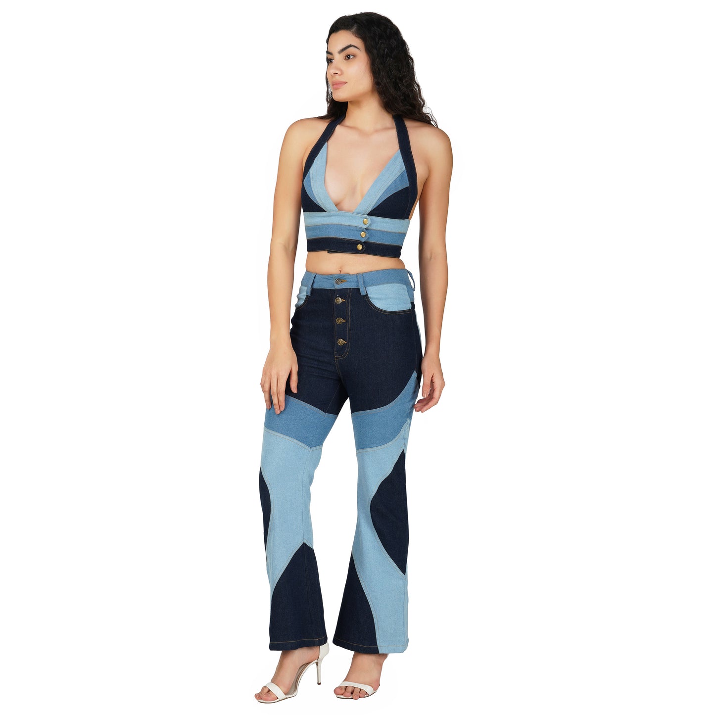 SLAY. Women's 3-Way Acid-Wash Colorblock Denim Co-ord Set