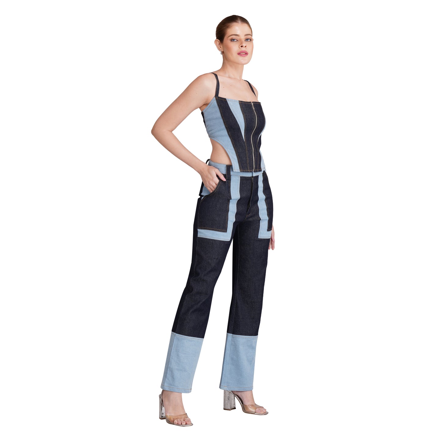 SLAY. Women's Retro Contrast Denim Corset & Flared Jeans Set(Stretch Fabric)