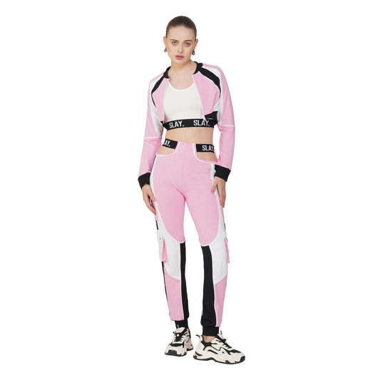SLAY. Women's Activewear Tracksuit Pink Colorblock Crop Jacket & High Waist Cargo Pants & Crop top Co-ord Set(3 Piece)