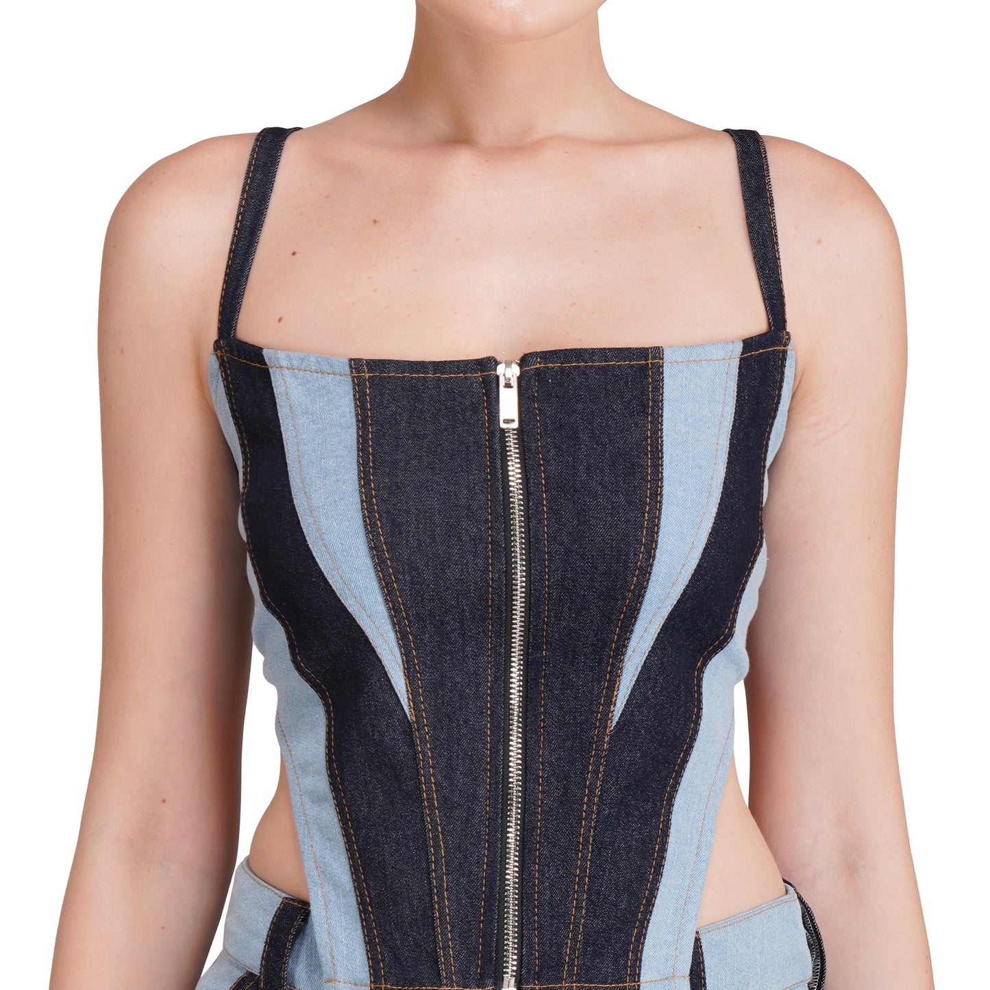 SLAY. Women's Retro Contrast Denim Corset & Flared Jeans Set(Stretch Fabric)