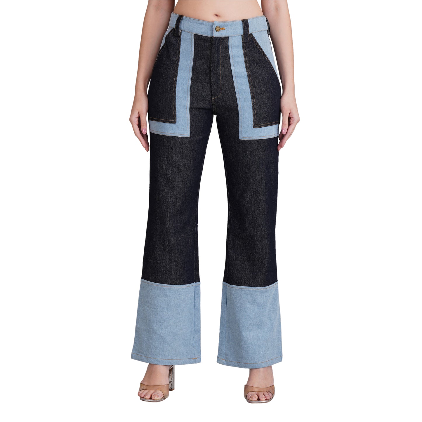 SLAY. Women's Retro Contrast Denim Corset & Flared Jeans Set(Stretch Fabric)